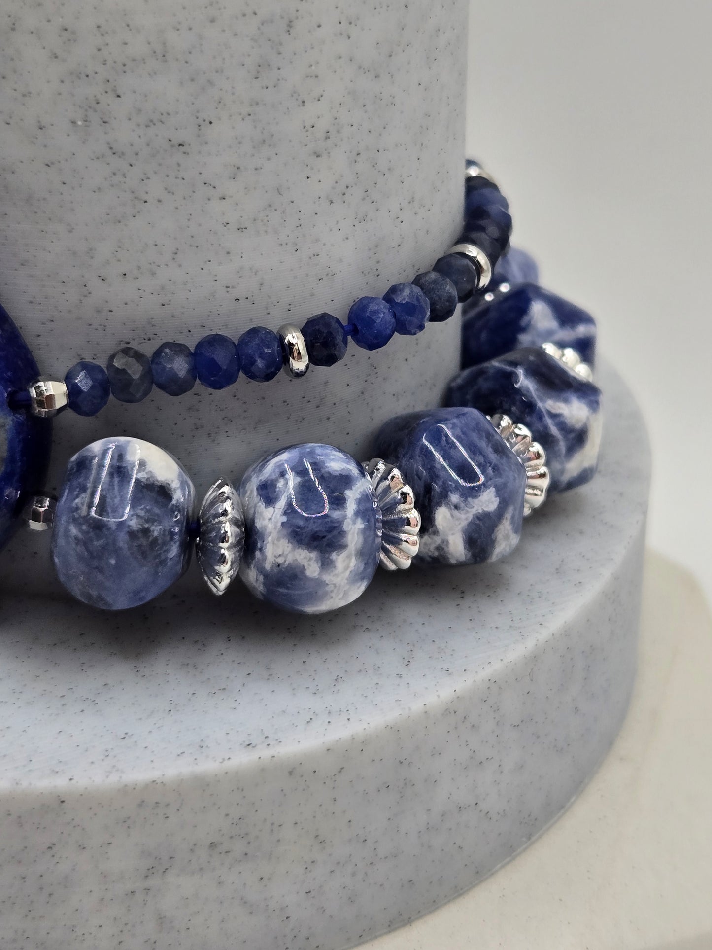 Double Row Sodalite Bracelet with Carved Lapis Rose Center