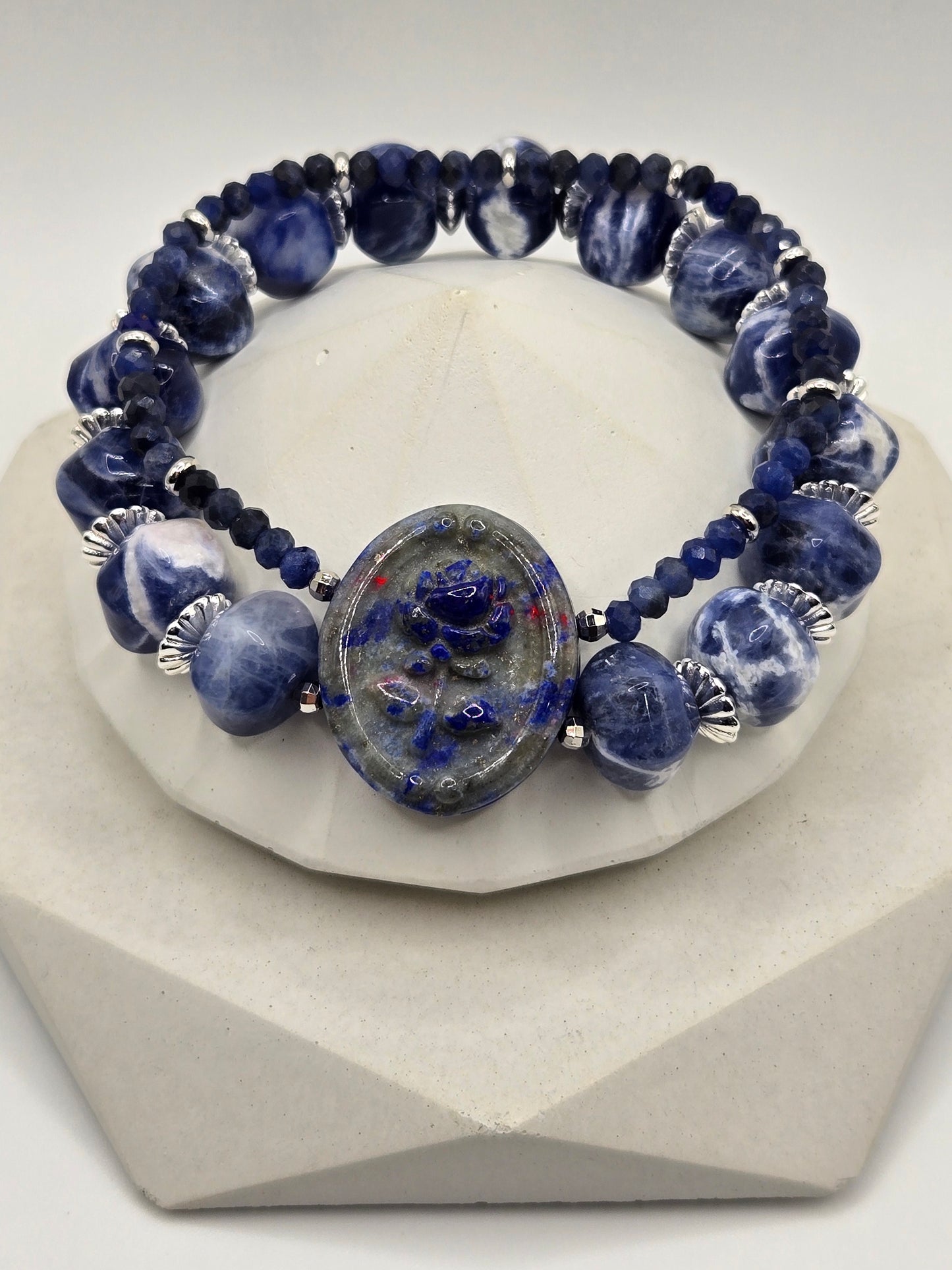 Double Row Sodalite Bracelet with Carved Lapis Rose Center