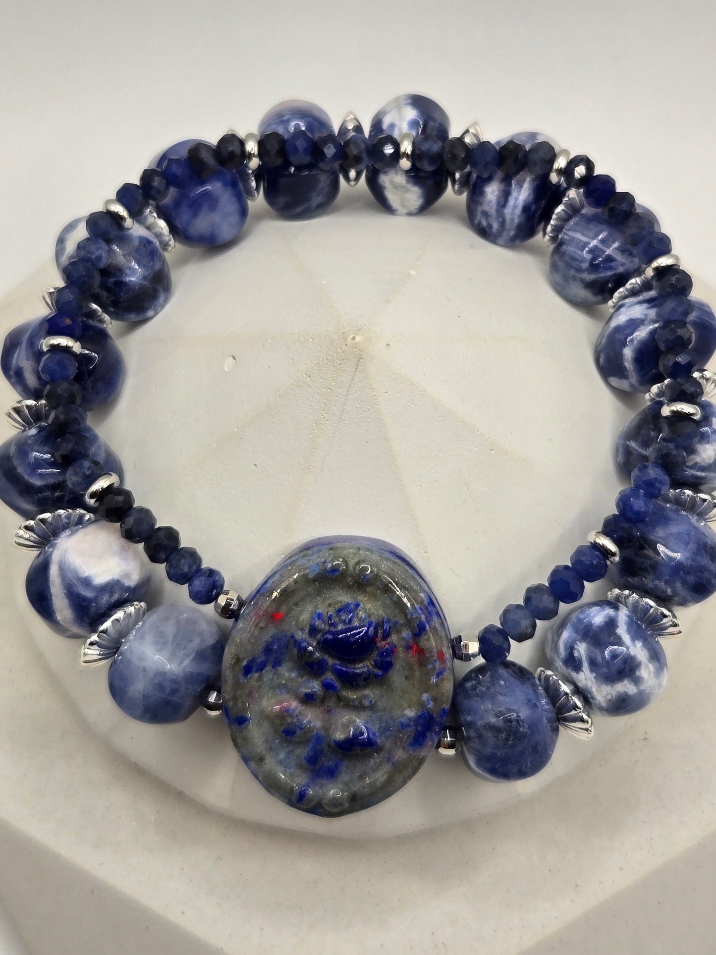 Double Row Sodalite Bracelet with Carved Lapis Rose Center