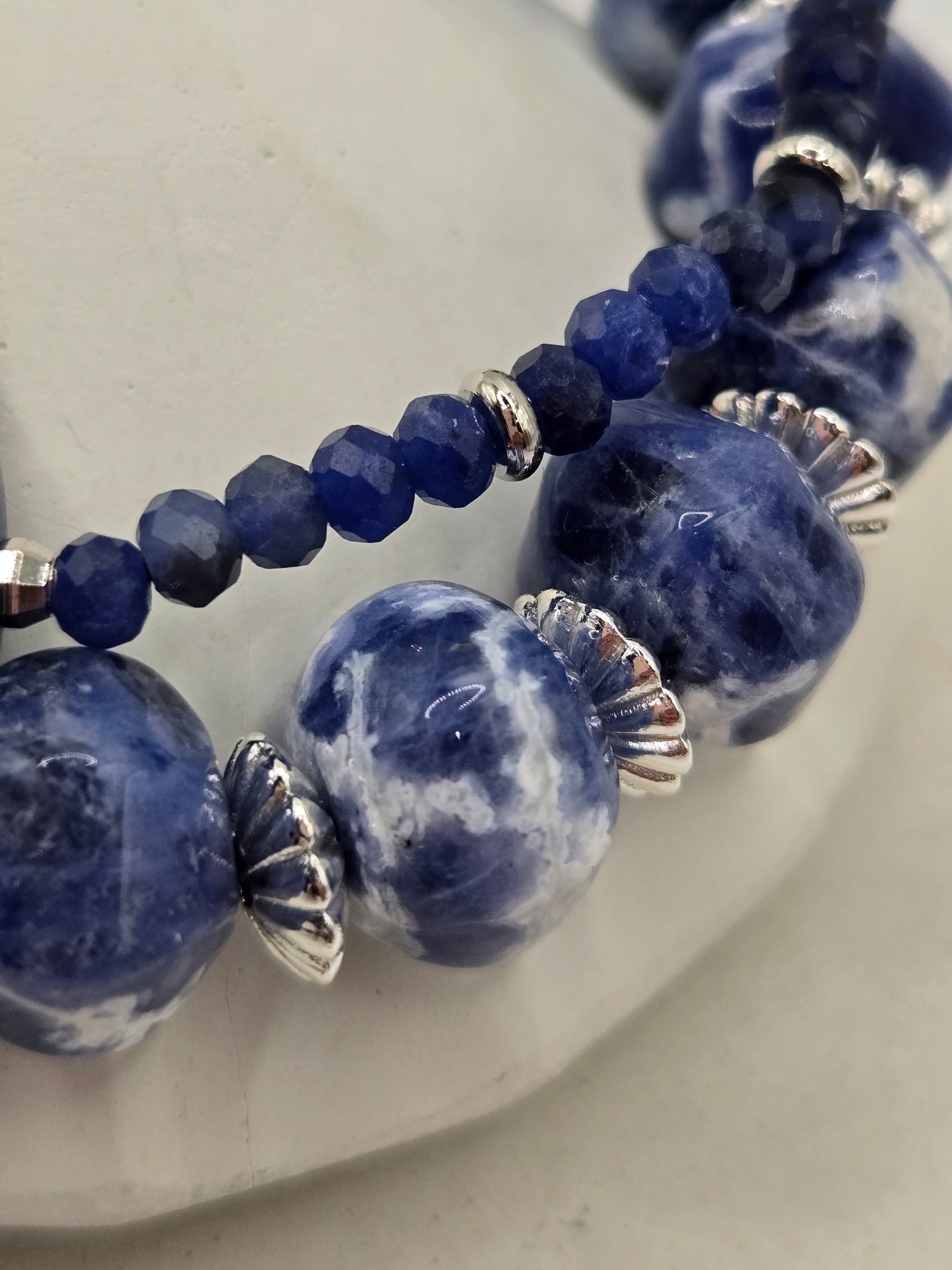 Double Row Sodalite Bracelet with Carved Lapis Rose Center