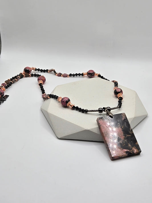 Rhodonite & Black Tourmaline Necklace and Bracelet Set – Elegant Healing Jewelry