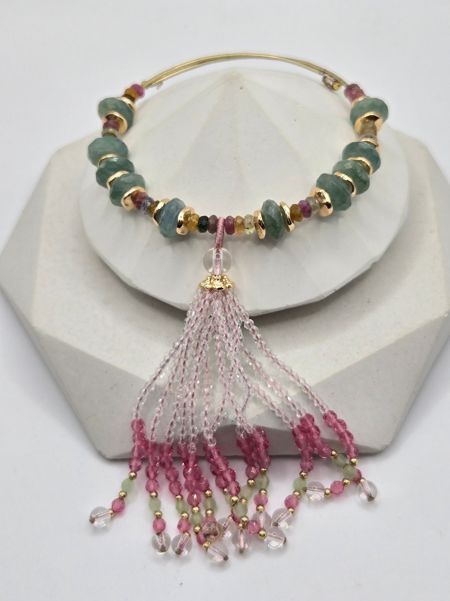 Green Kyanite & Mixed Tourmaline Memory Wire Bangle with Crystal Tassel