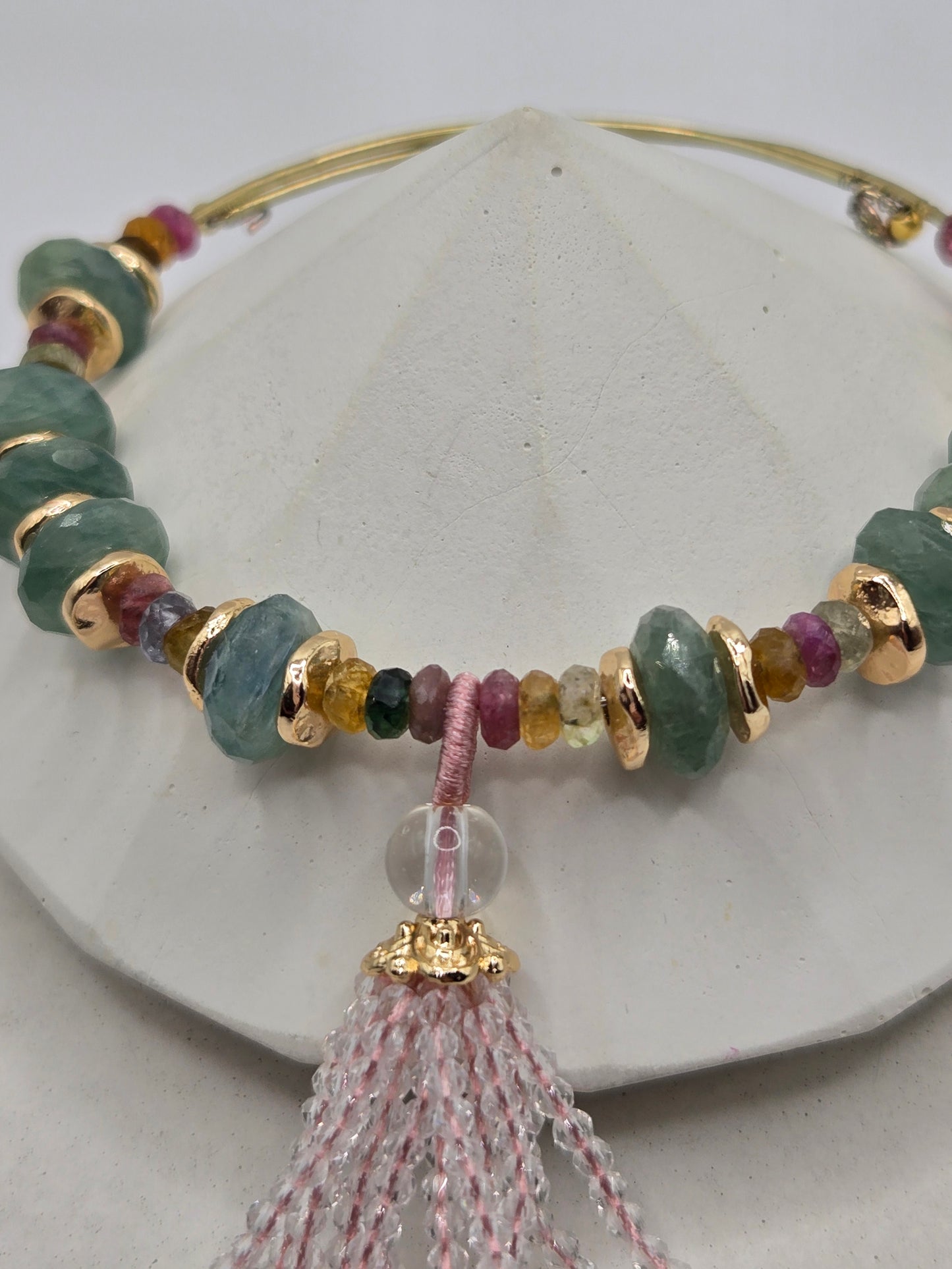 Green Kyanite & Mixed Tourmaline Memory Wire Bangle with Crystal Tassel
