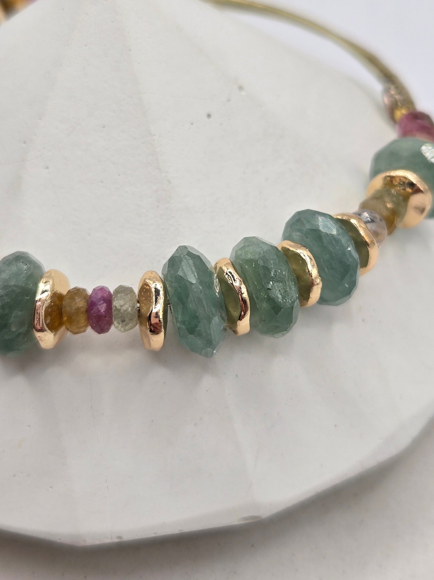 Green Kyanite & Mixed Tourmaline Memory Wire Bangle with Crystal Tassel