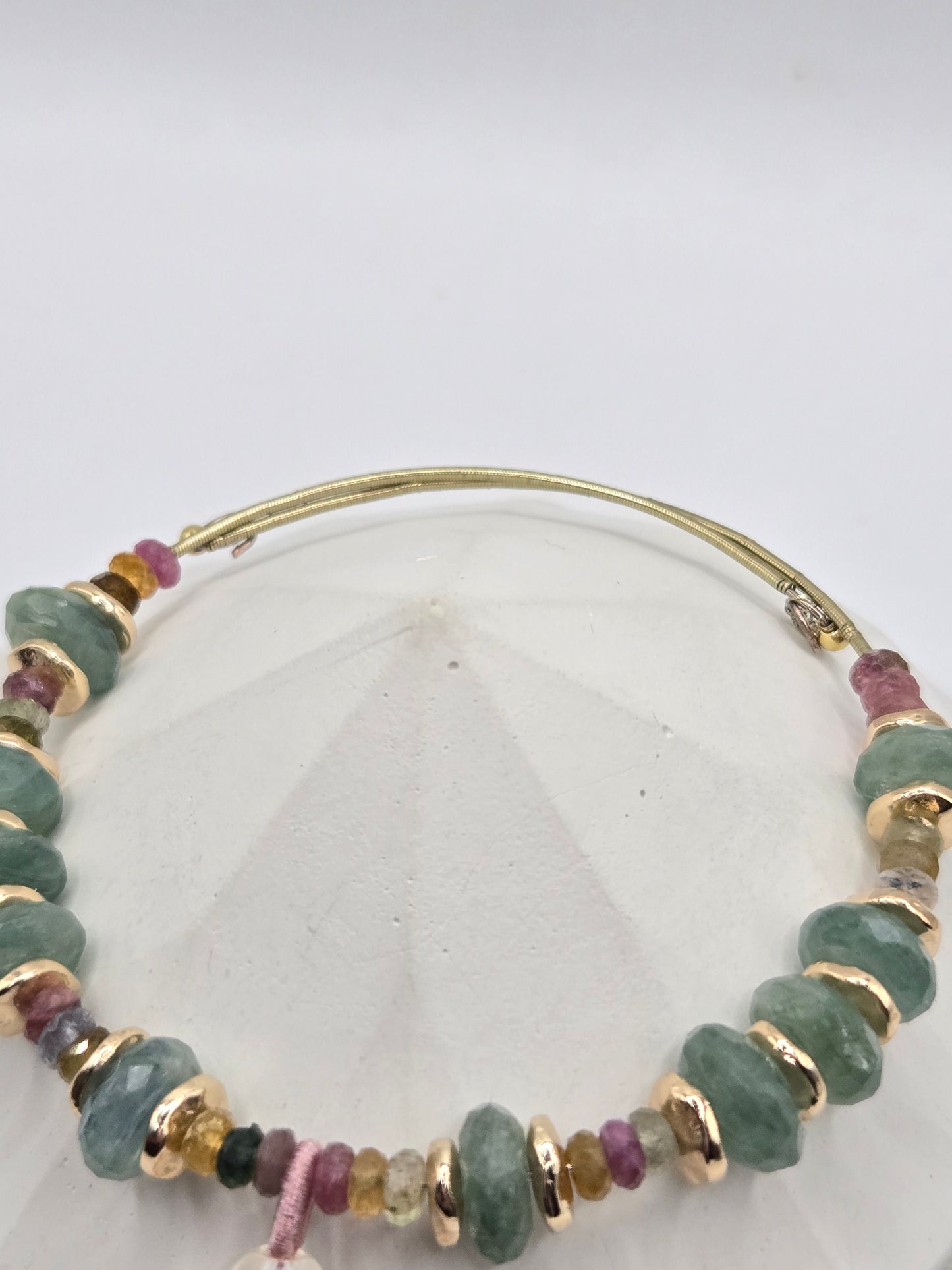 Green Kyanite & Mixed Tourmaline Memory Wire Bangle with Crystal Tassel