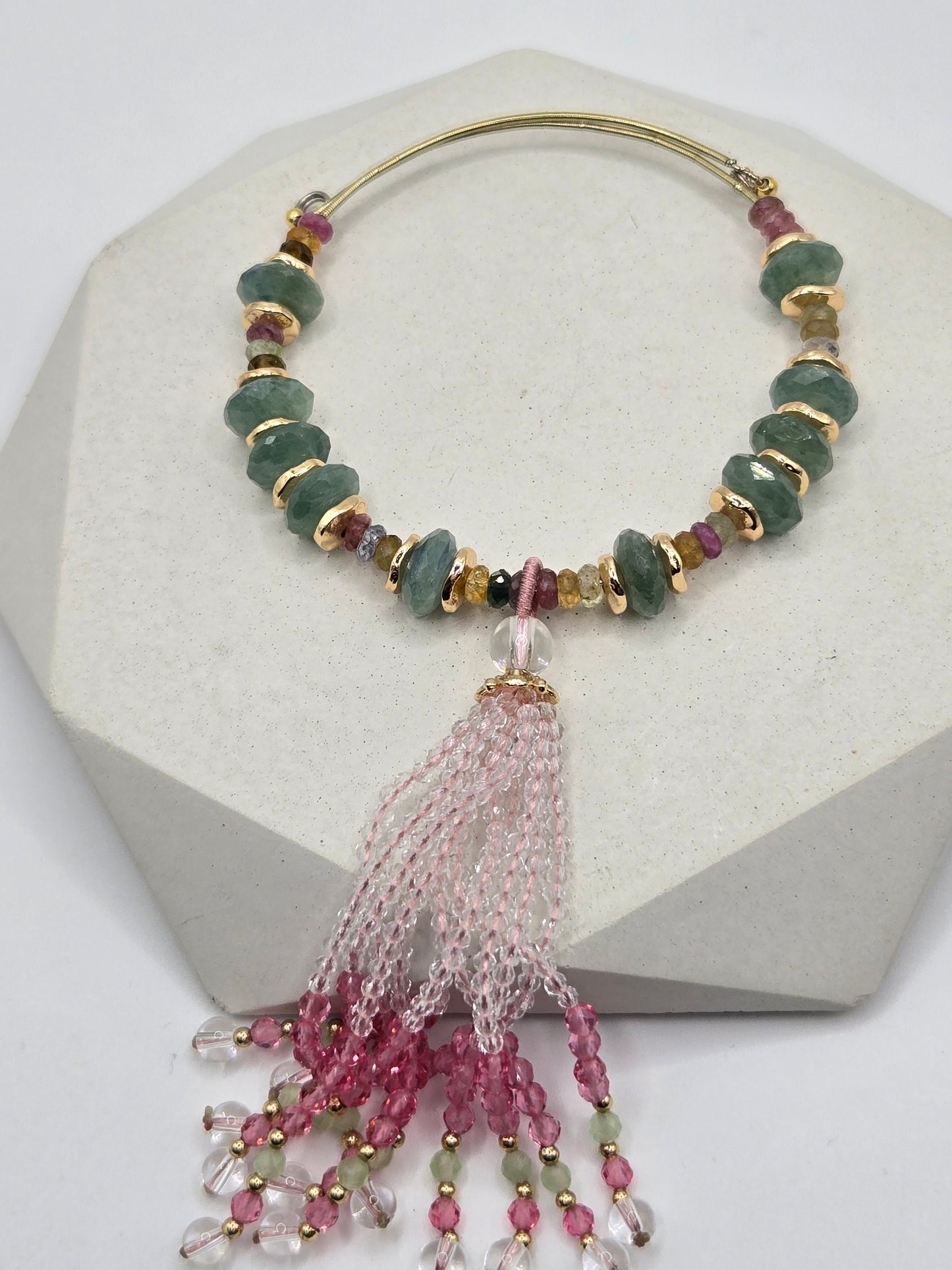 Green Kyanite & Mixed Tourmaline Memory Wire Bangle with Crystal Tassel