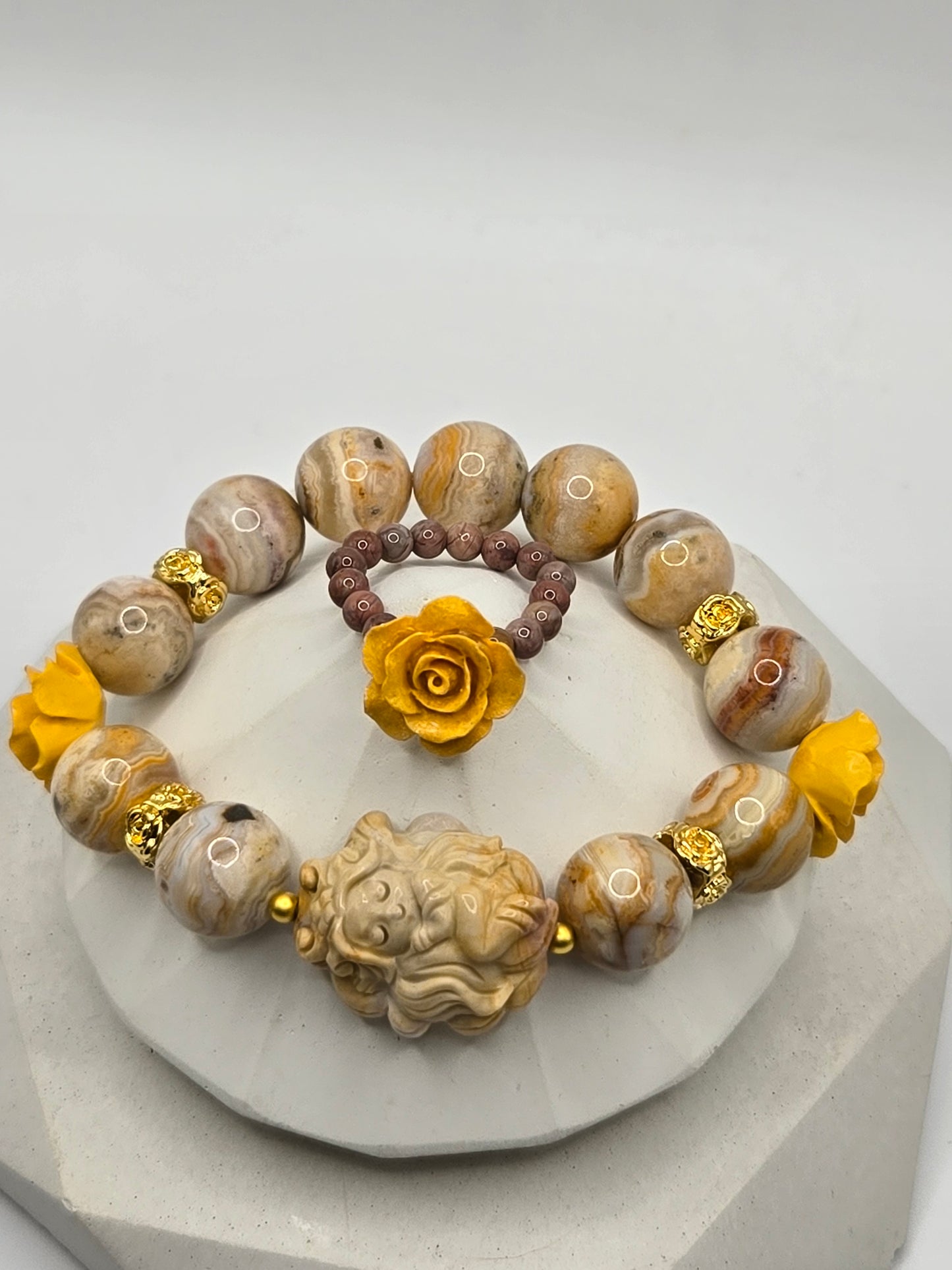 Crazy Agate Bracelet & Resin Rose Stretch Ring Set – Whimsical Elegance & Magical Charm