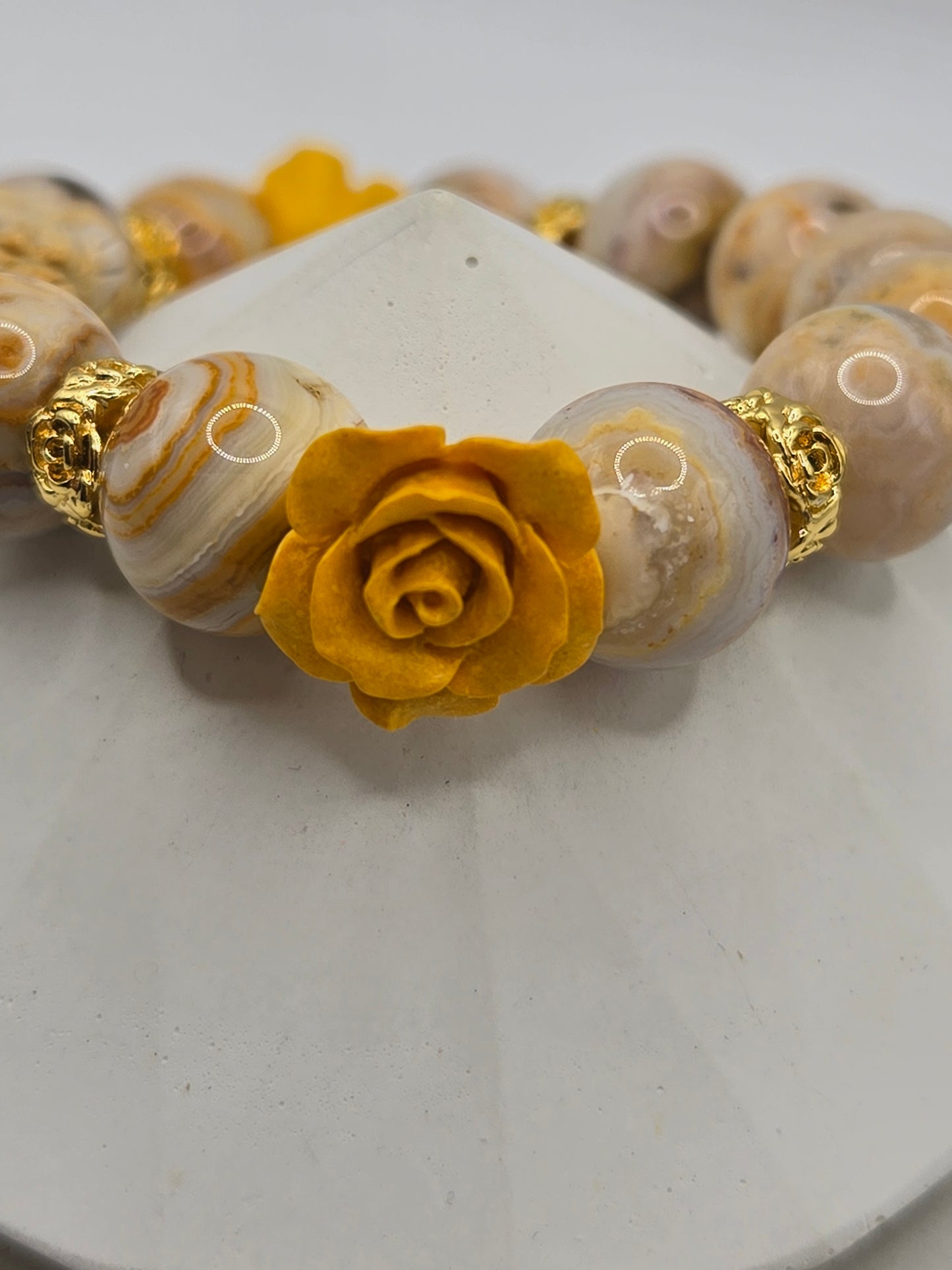 Crazy Agate Bracelet & Resin Rose Stretch Ring Set – Whimsical Elegance & Magical Charm