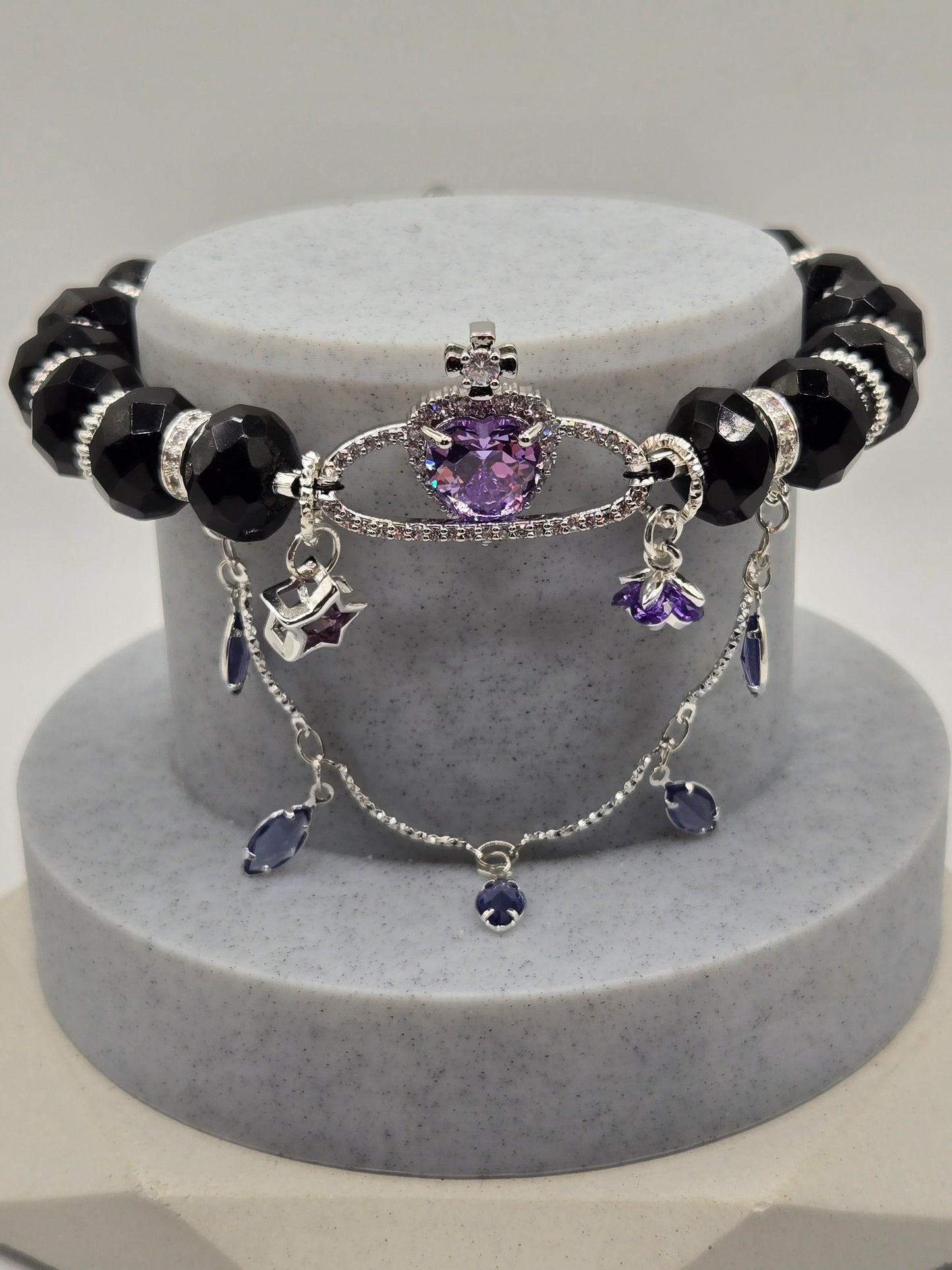 Faceted Black Onyx Celestial Heart Bracelet – Mystical Elegance & Sparkling Charm