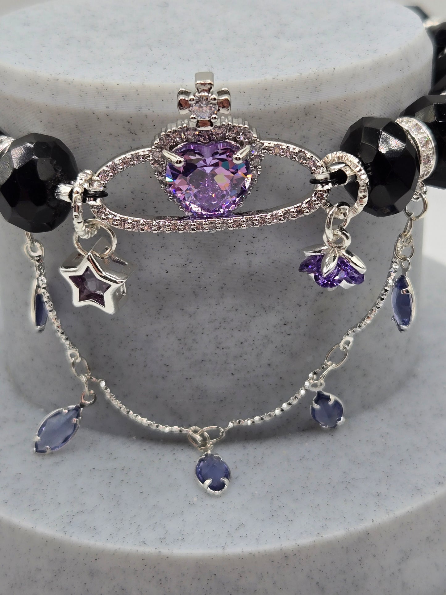 Faceted Black Onyx Celestial Heart Bracelet – Mystical Elegance & Sparkling Charm