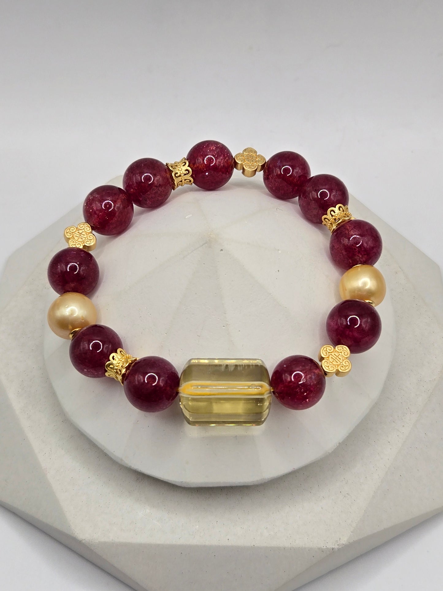 Dark Strawberry Quartz & Citrine and Golden Pearl Bracelet – Elegant, Rare & Radiant