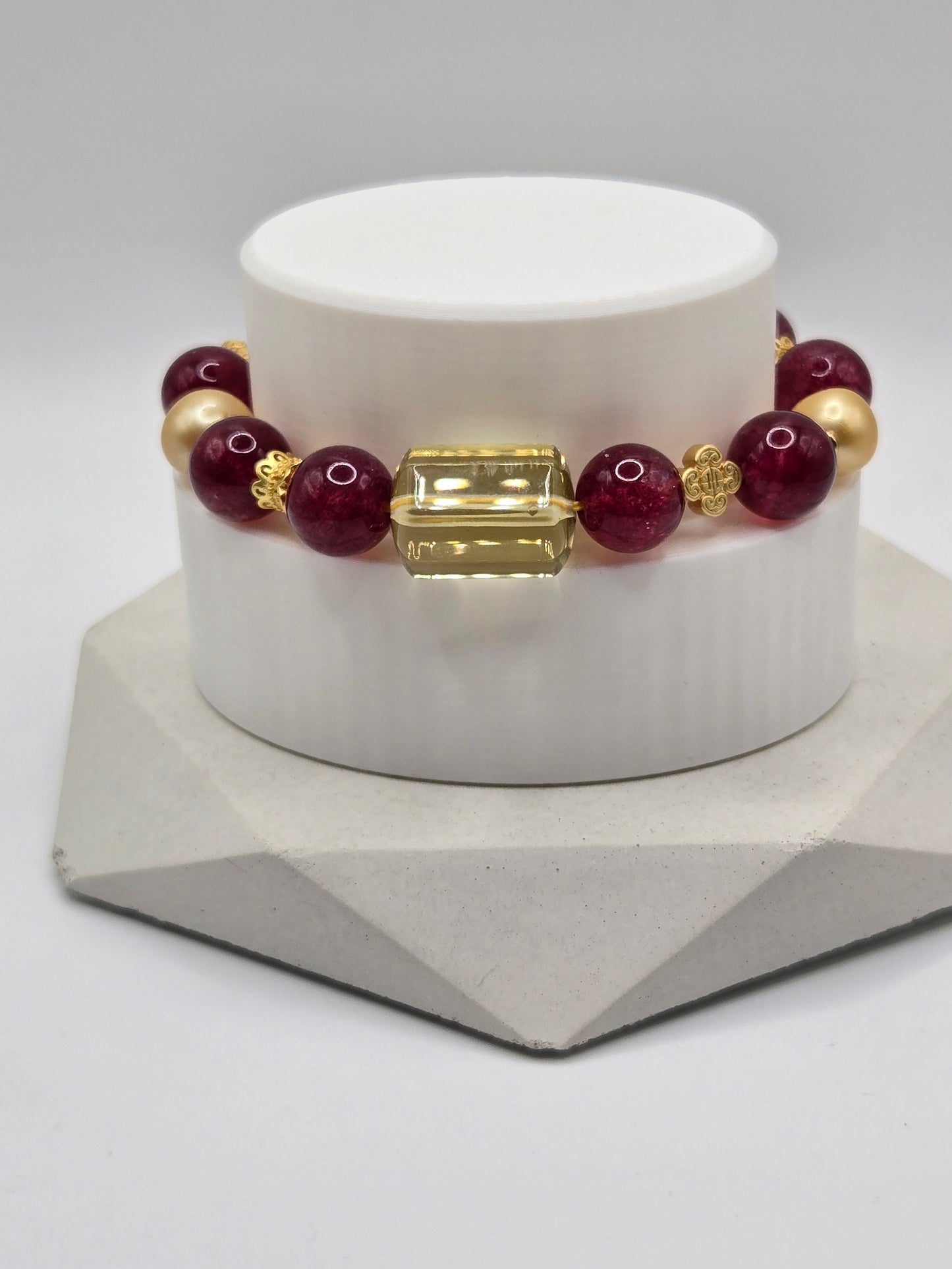 Dark Strawberry Quartz & Citrine and Golden Pearl Bracelet – Elegant, Rare & Radiant