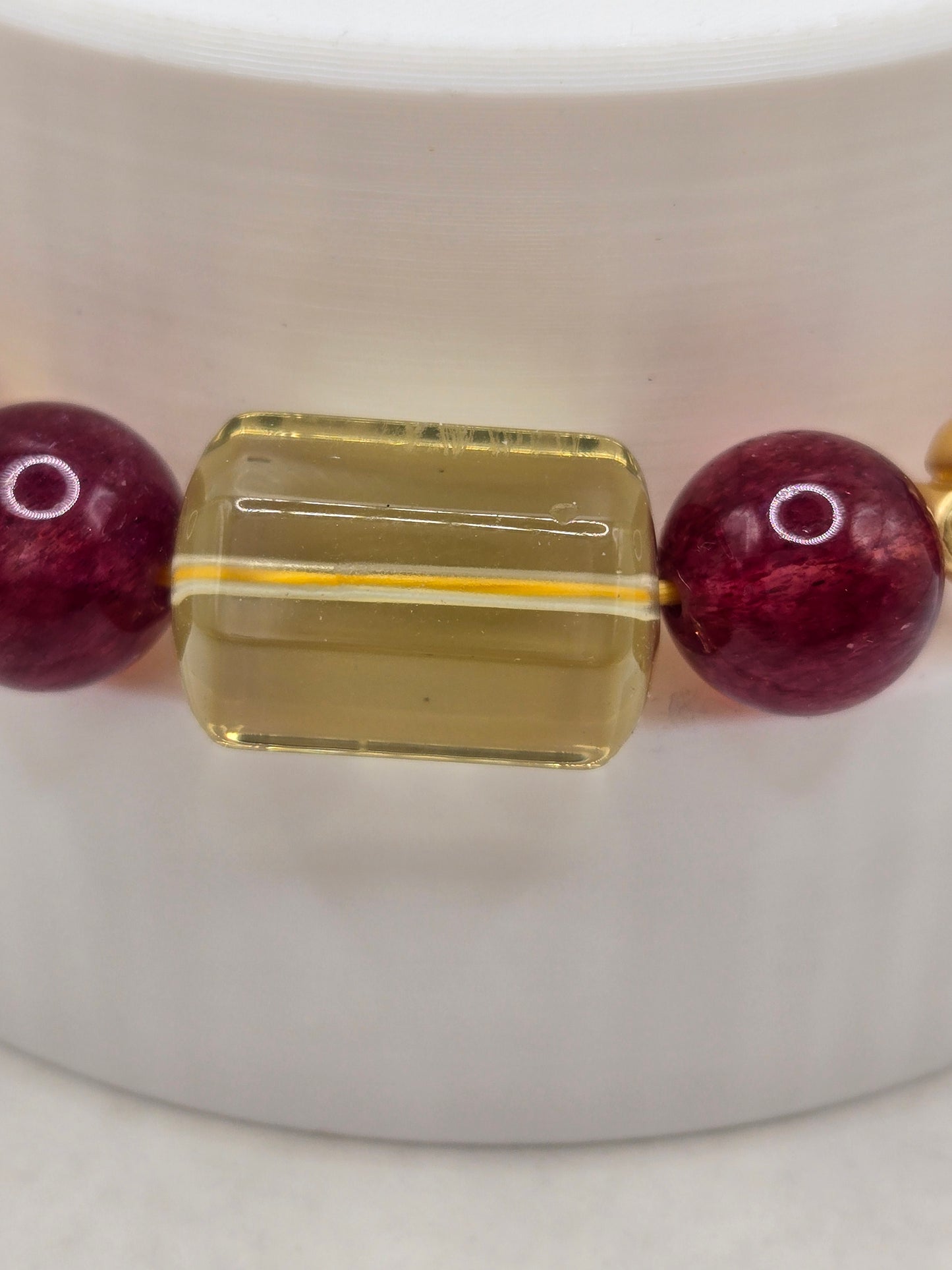 Dark Strawberry Quartz & Citrine and Golden Pearl Bracelet – Elegant, Rare & Radiant