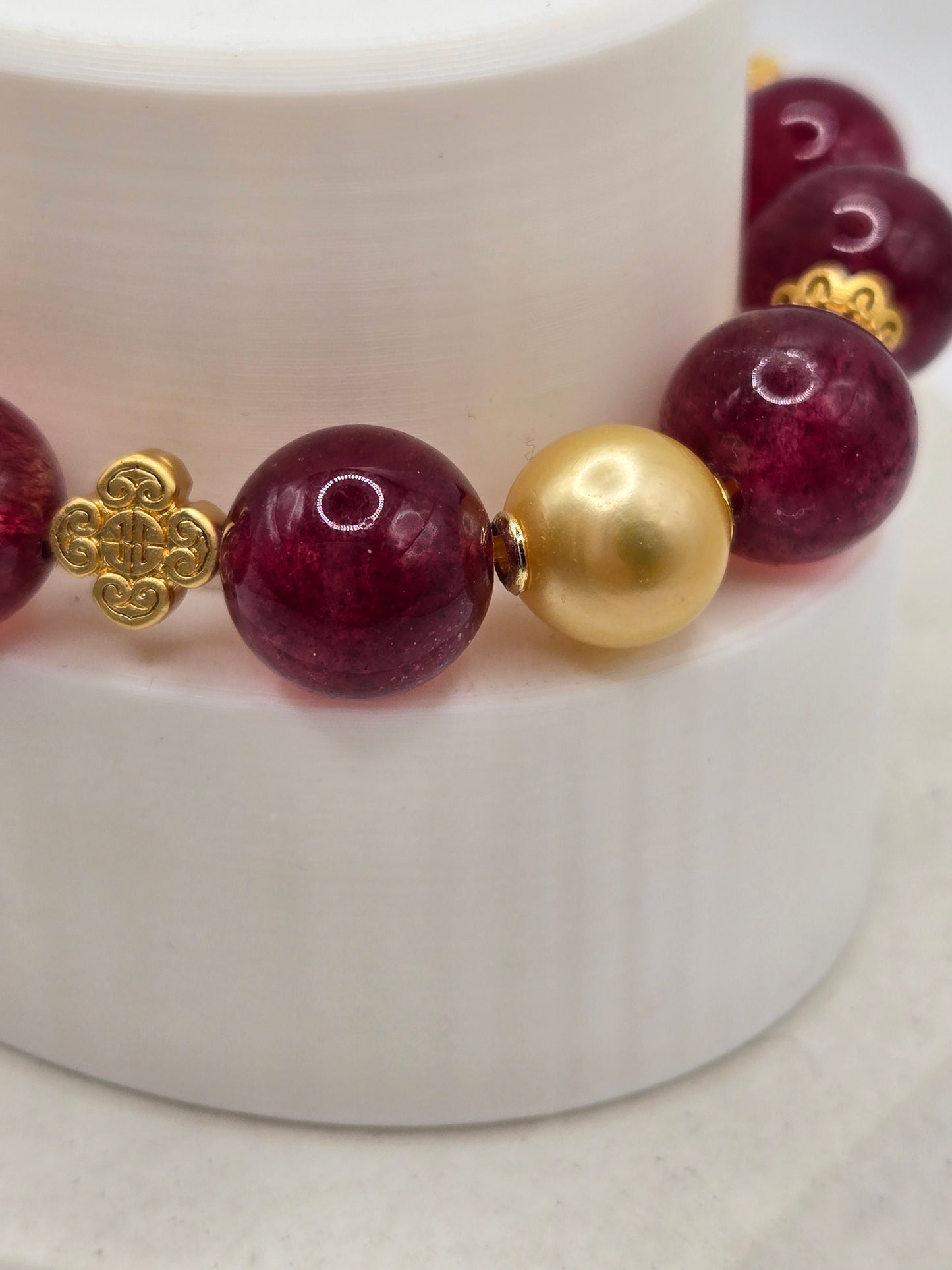 Dark Strawberry Quartz & Citrine and Golden Pearl Bracelet – Elegant, Rare & Radiant