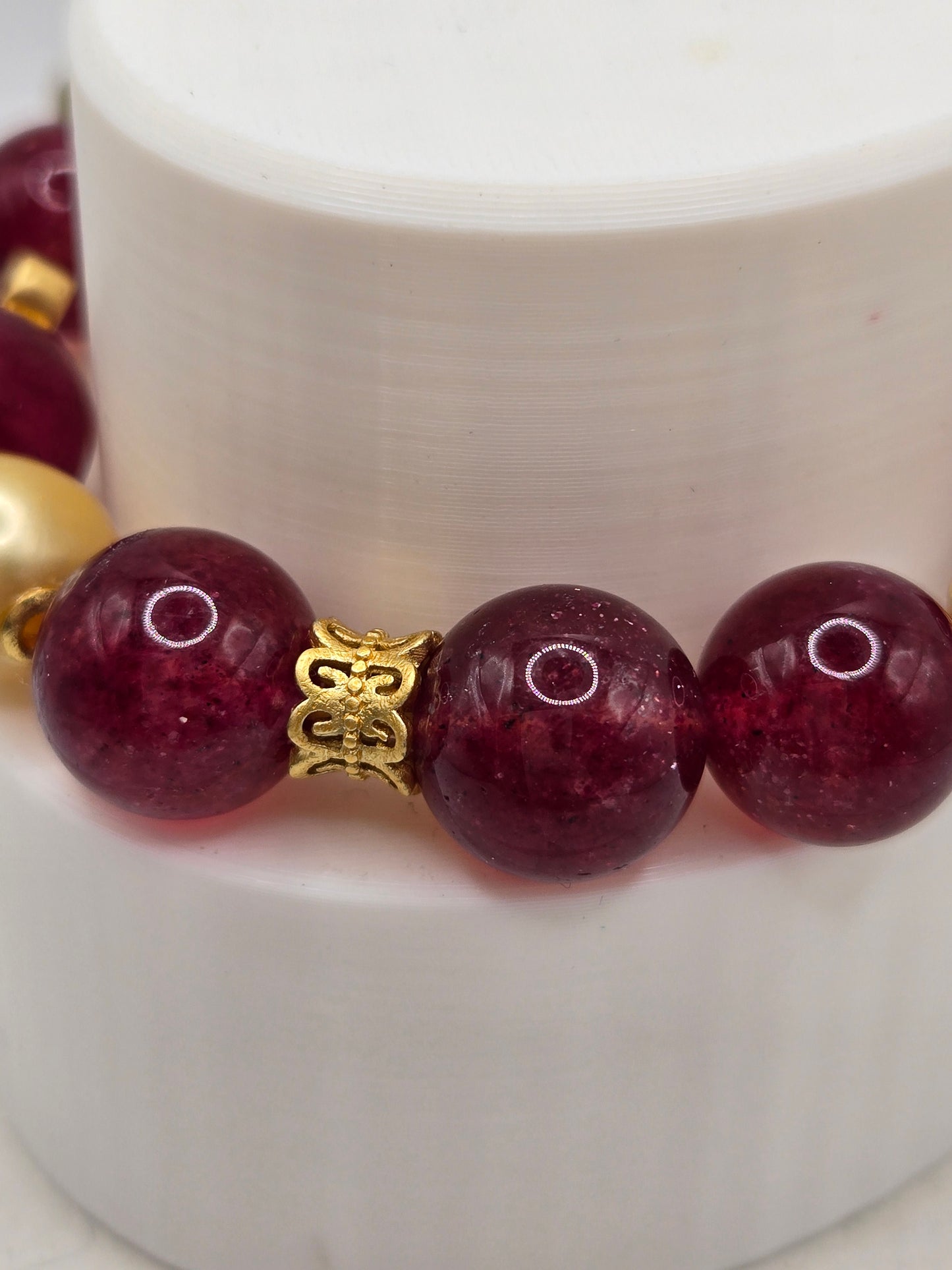 Dark Strawberry Quartz & Citrine and Golden Pearl Bracelet – Elegant, Rare & Radiant