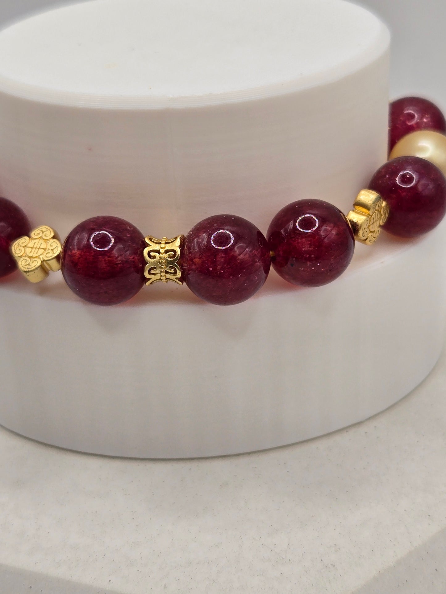 Dark Strawberry Quartz & Citrine and Golden Pearl Bracelet – Elegant, Rare & Radiant