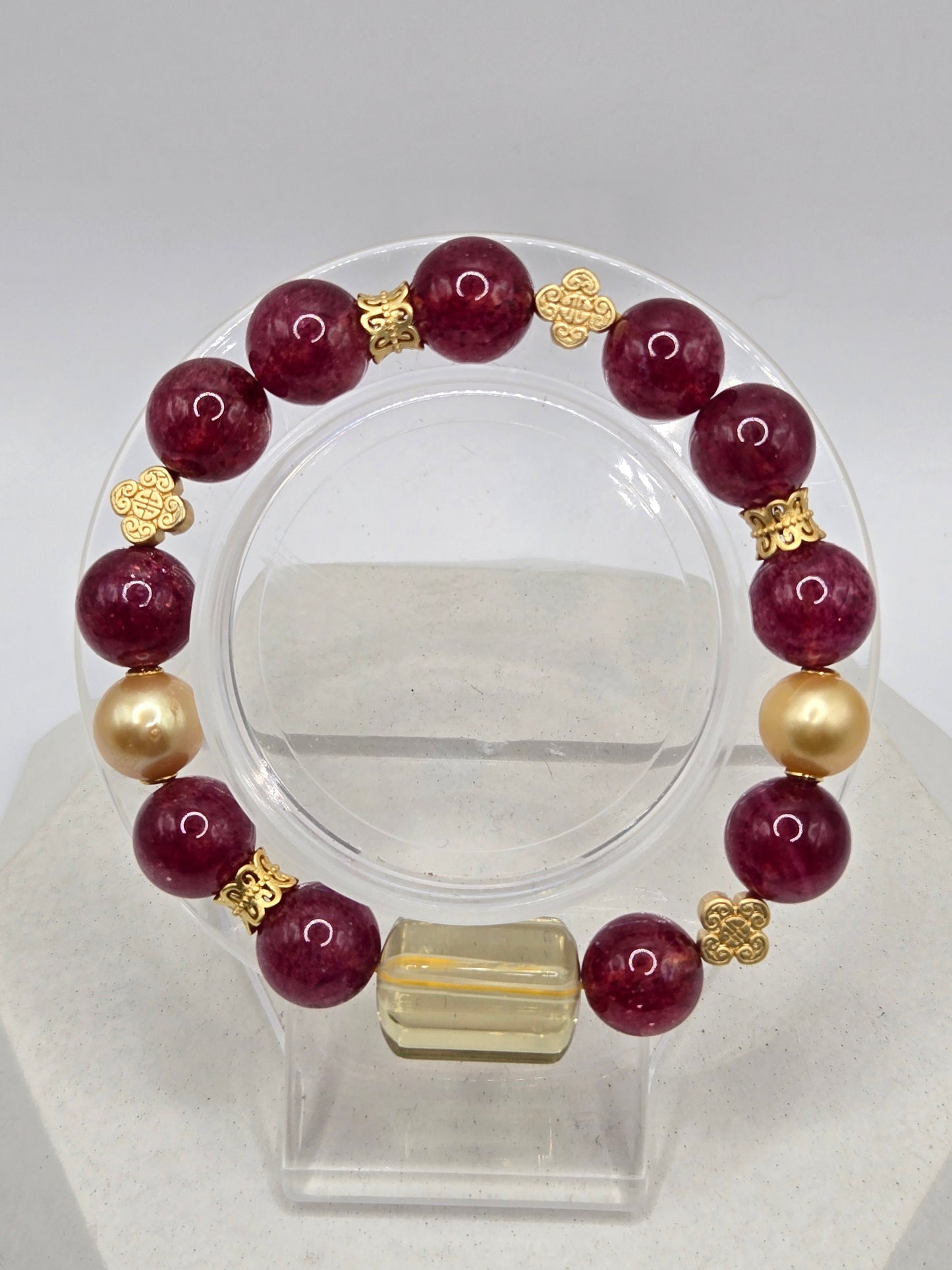 Dark Strawberry Quartz & Citrine and Golden Pearl Bracelet – Elegant, Rare & Radiant