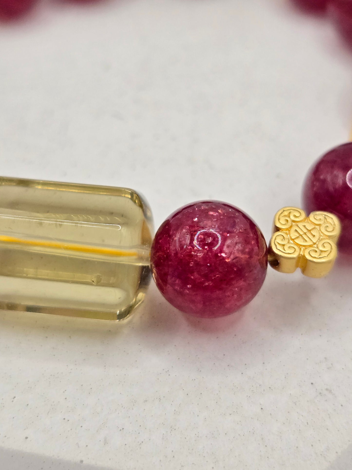 Dark Strawberry Quartz & Citrine and Golden Pearl Bracelet – Elegant, Rare & Radiant