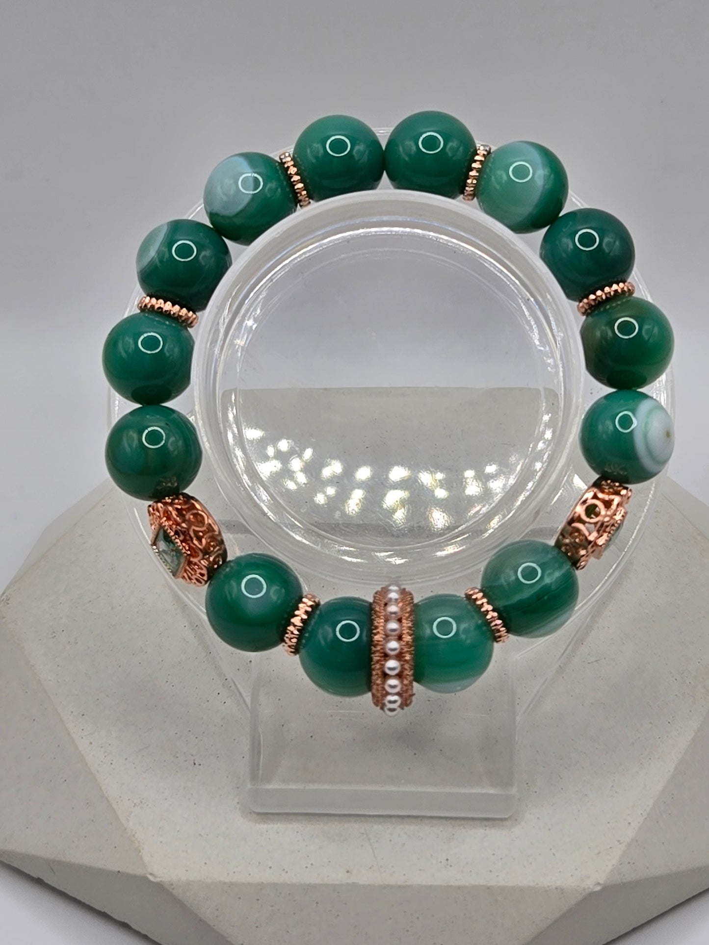 Green Botswana Agate Bracelet with Rose Gold Crystal Charm – Elegant & Sophisticated