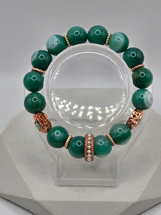Green Botswana Agate Bracelet with Rose Gold Crystal Charm – Elegant & Sophisticated
