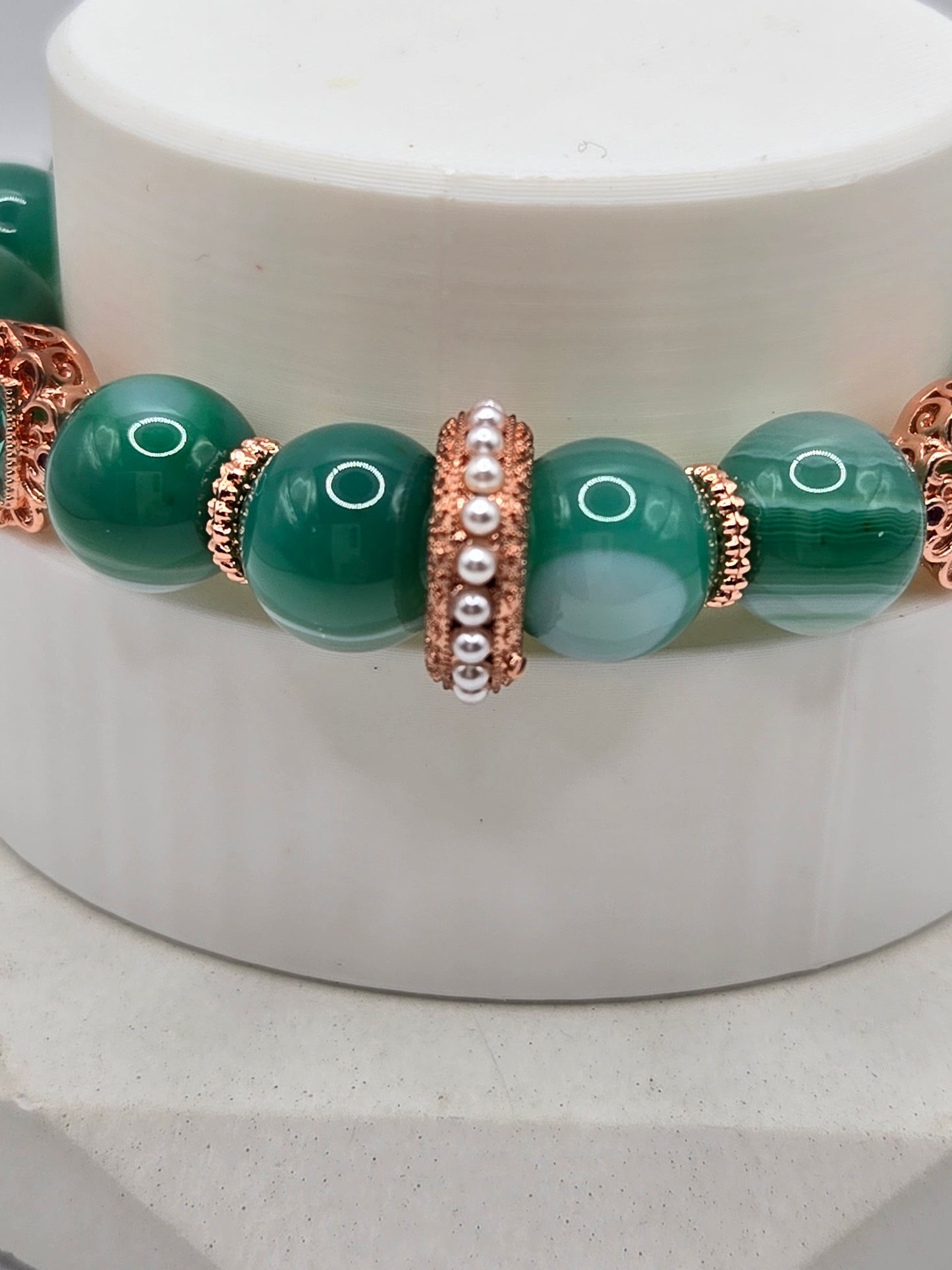 Green Botswana Agate Bracelet with Rose Gold Crystal Charm – Elegant & Sophisticated