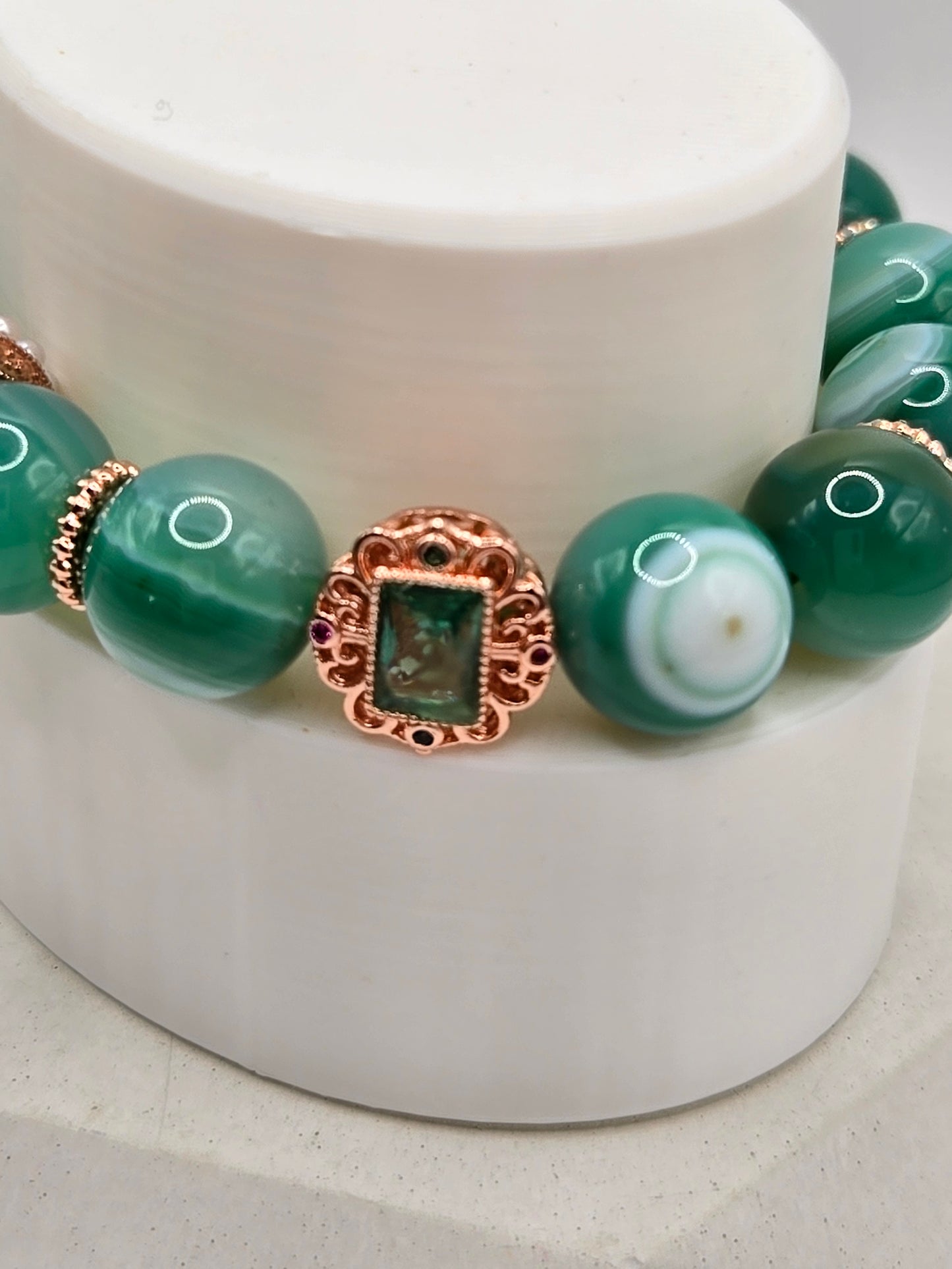 Green Botswana Agate Bracelet with Rose Gold Crystal Charm – Elegant & Sophisticated