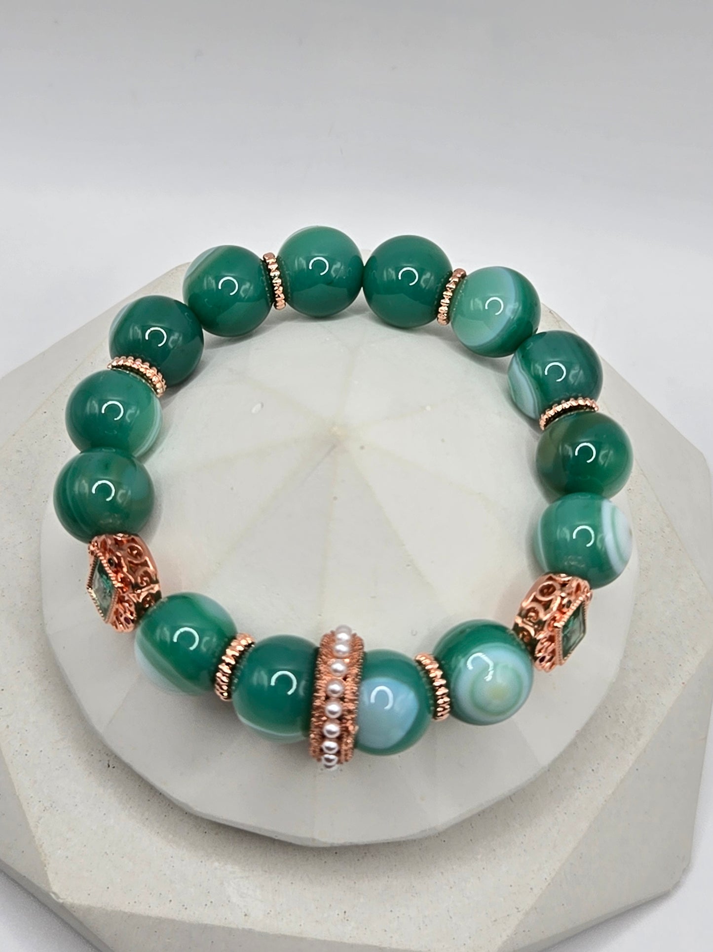 Green Botswana Agate Bracelet with Rose Gold Crystal Charm – Elegant & Sophisticated