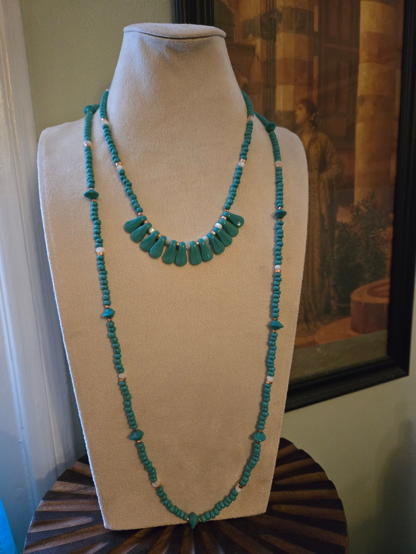 Turquoise Color Glass Matching Double Necklace and Bracelet Set