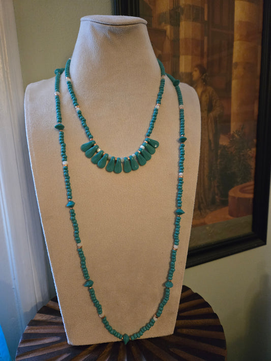 Turquoise Color Glass Matching Double Necklace and Bracelet Set