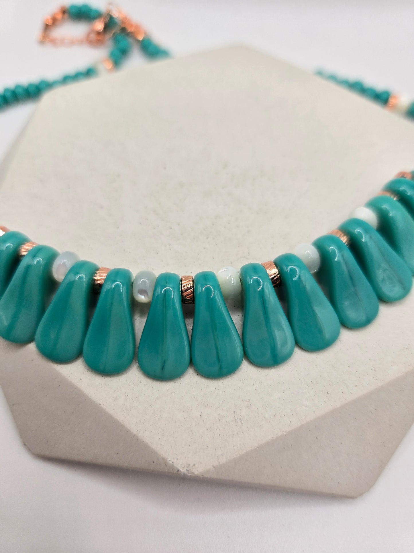 Turquoise Color Glass Matching Double Necklace and Bracelet Set