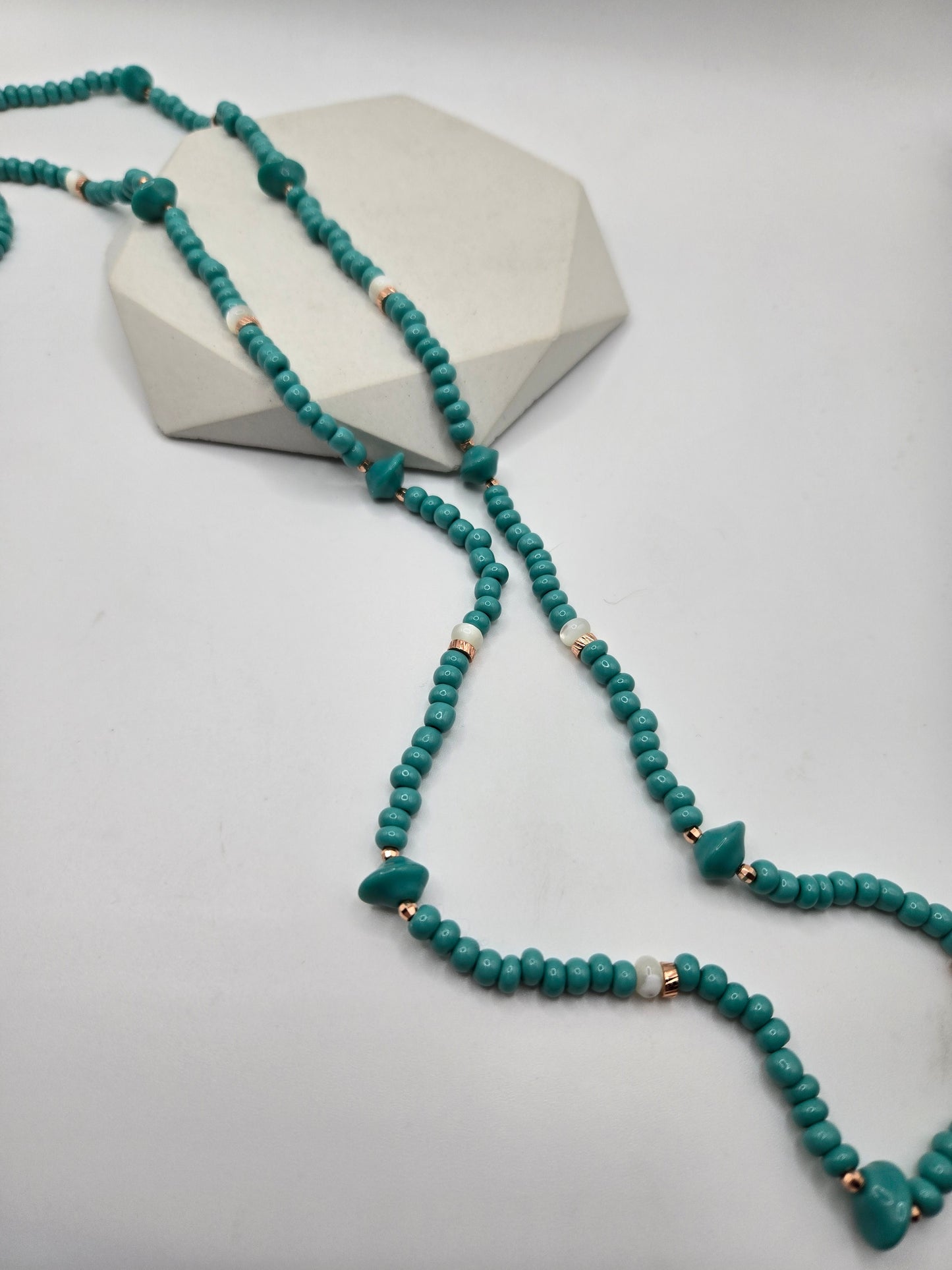Turquoise Color Glass Matching Double Necklace and Bracelet Set