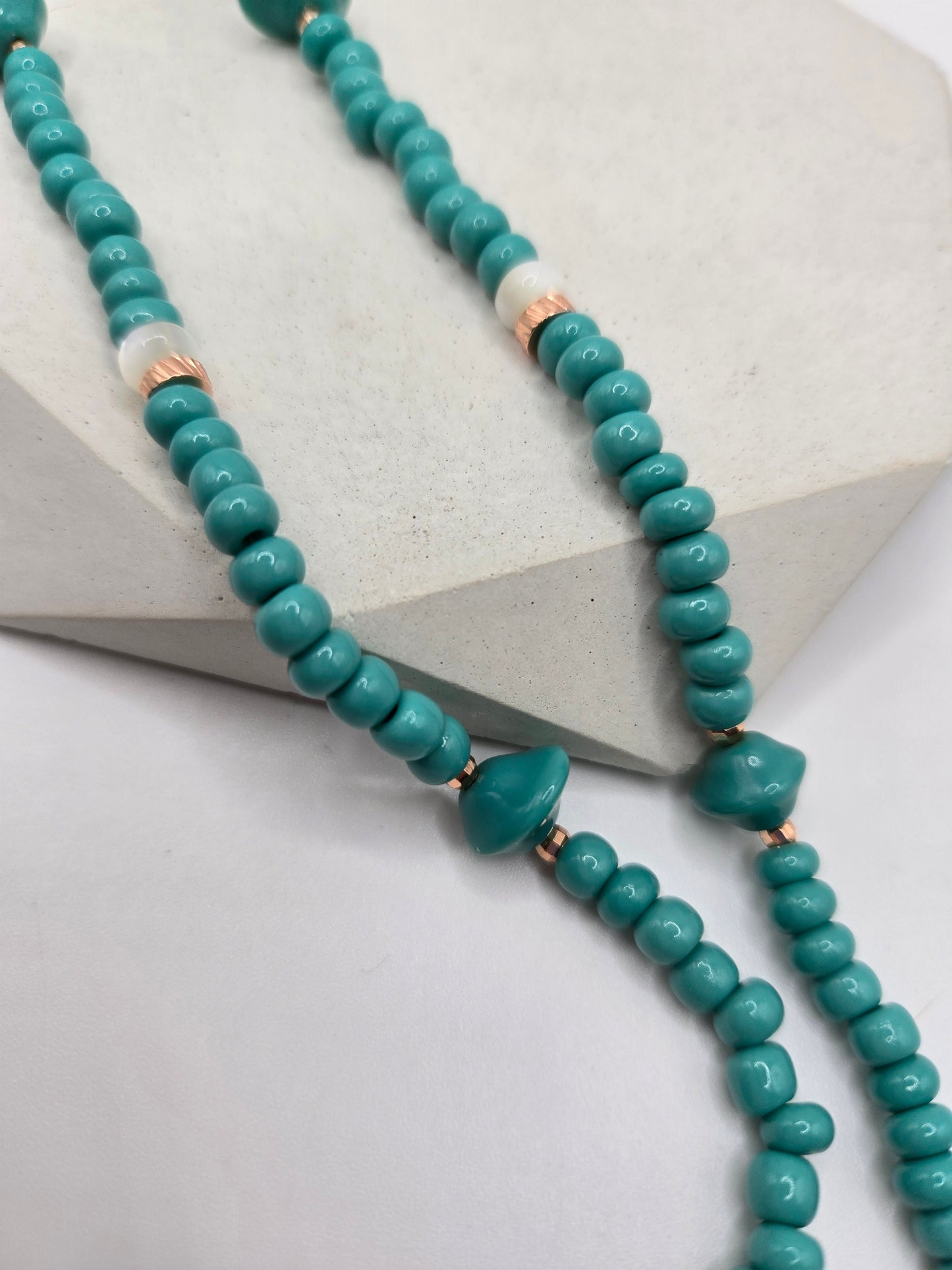 Turquoise Color Glass Matching Double Necklace and Bracelet Set
