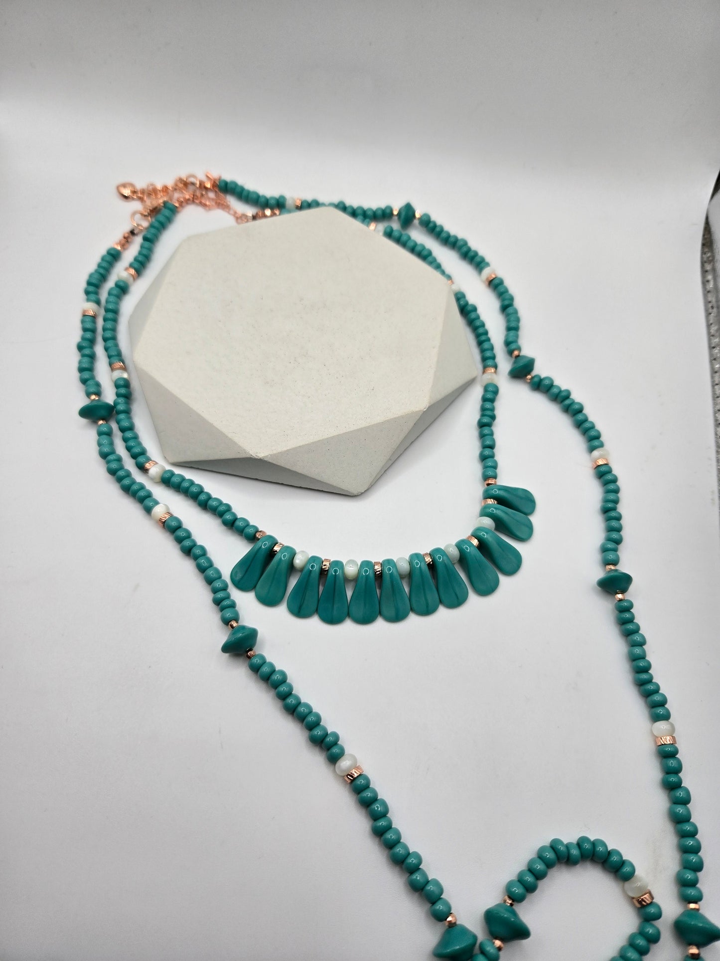 Turquoise Color Glass Matching Double Necklace and Bracelet Set