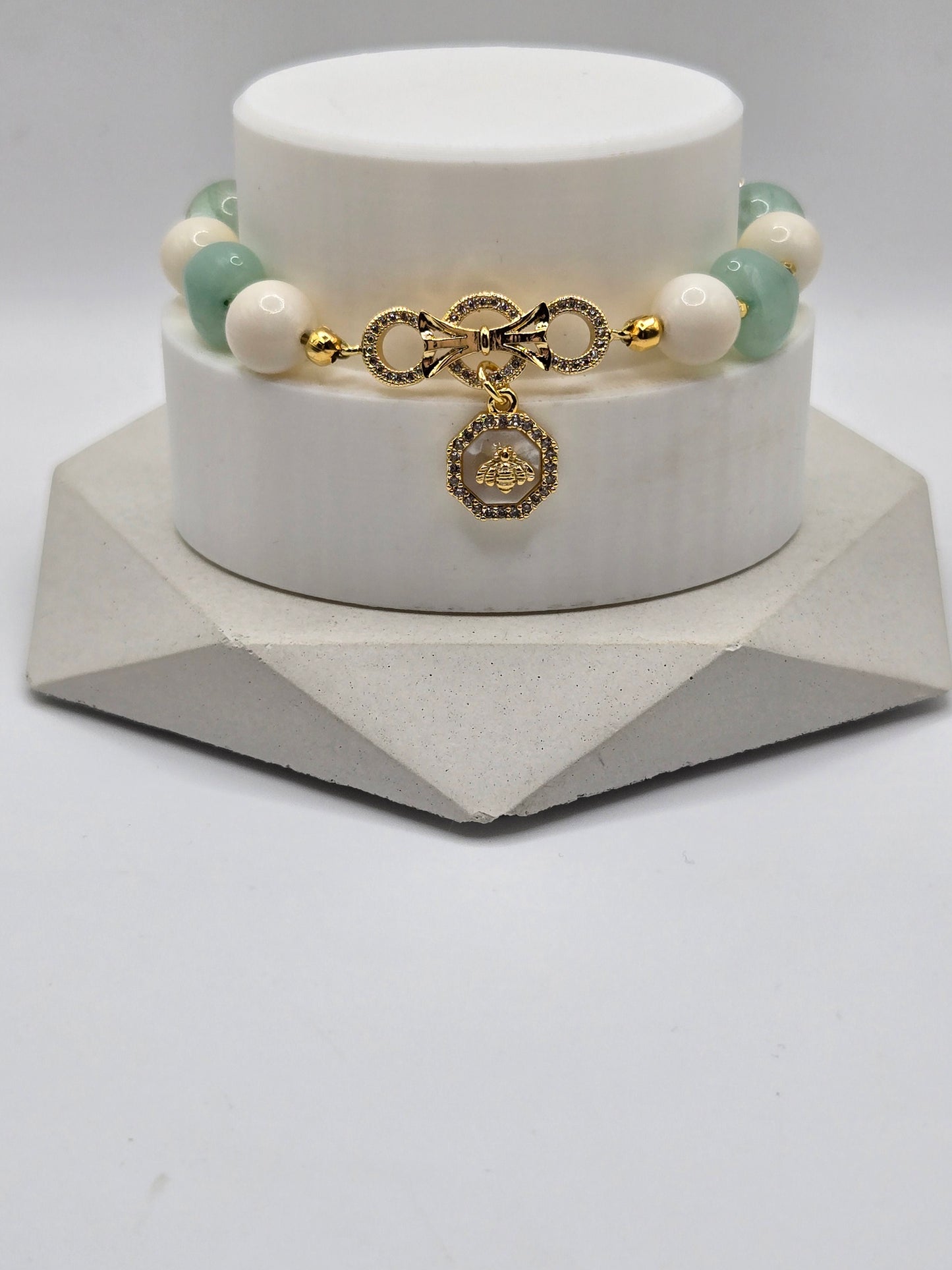 Pale Green Flourite, Green Jade and Ivory Ox Bone bracelet