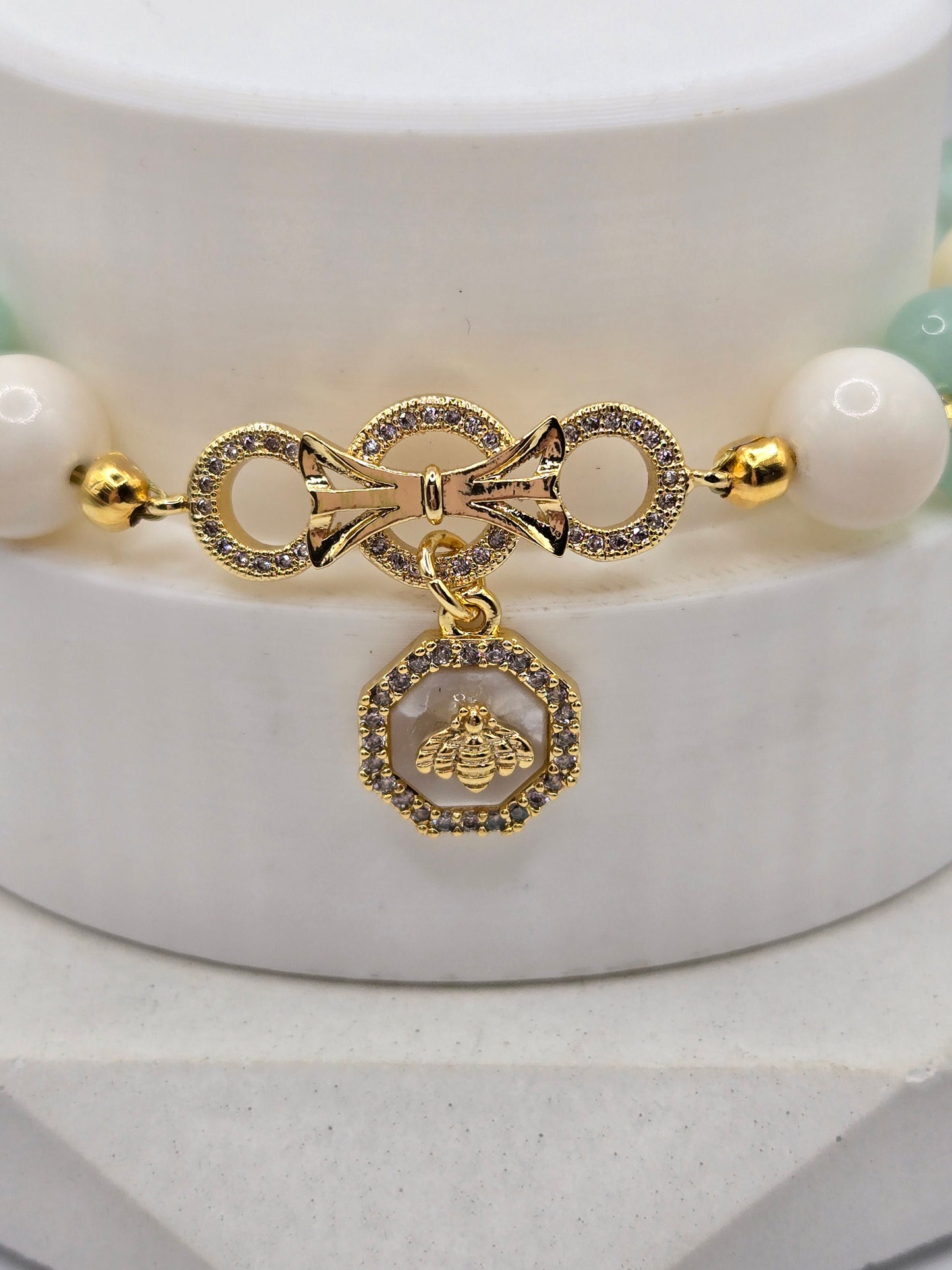 Pale Green Flourite, Green Jade and Ivory Ox Bone bracelet