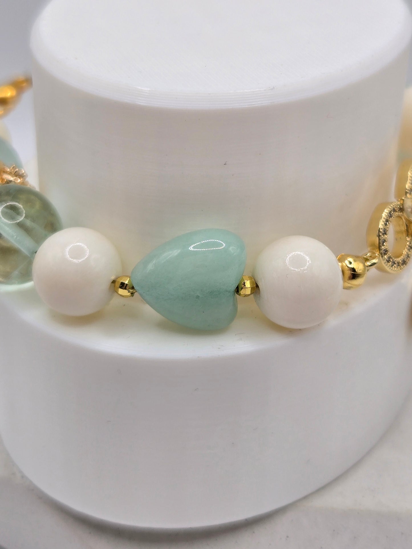 Pale Green Flourite, Green Jade and Ivory Ox Bone bracelet