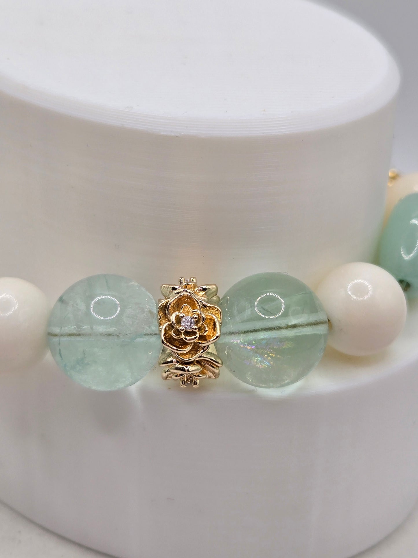 Pale Green Flourite, Green Jade and Ivory Ox Bone bracelet