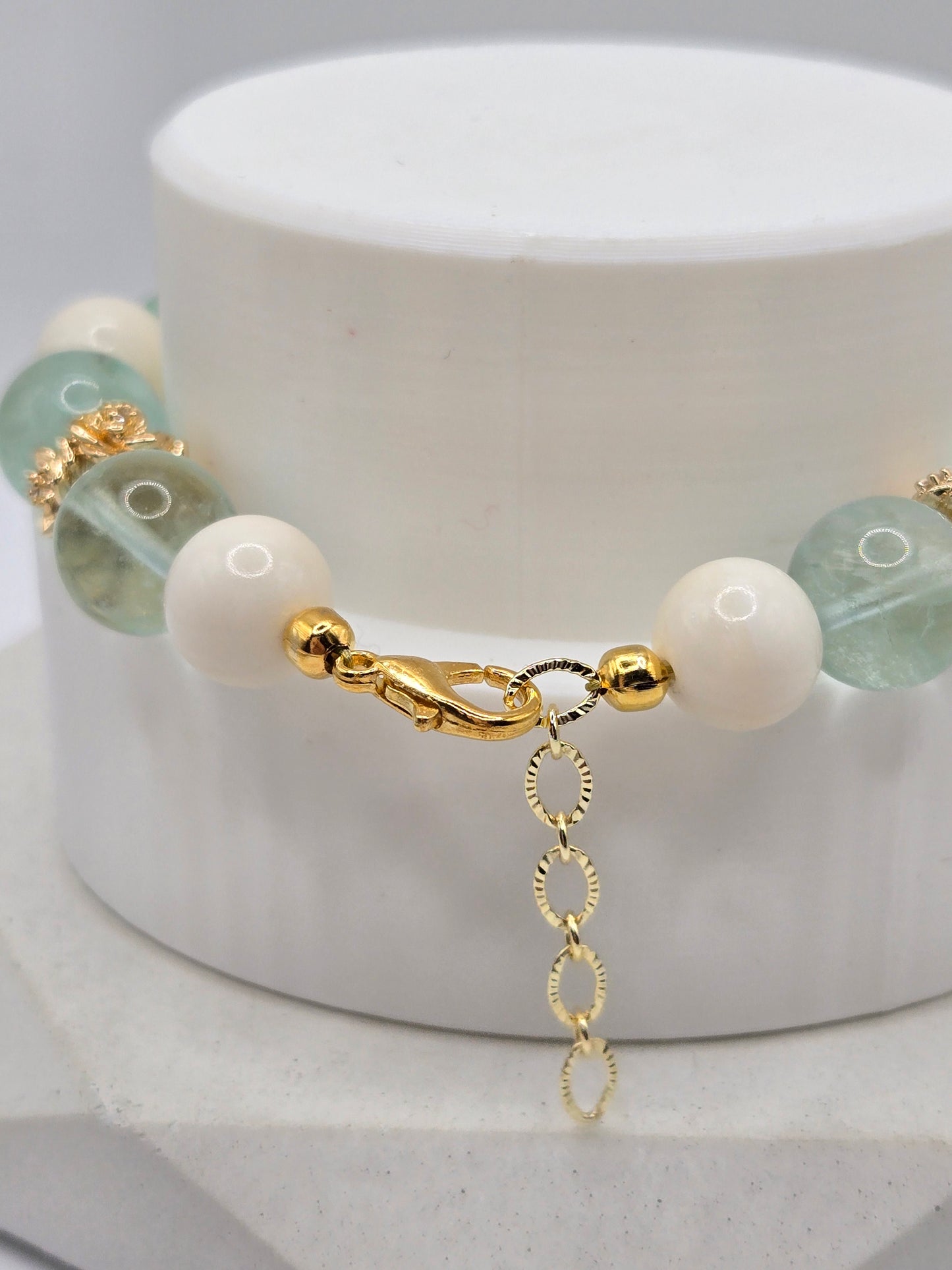 Pale Green Flourite, Green Jade and Ivory Ox Bone bracelet