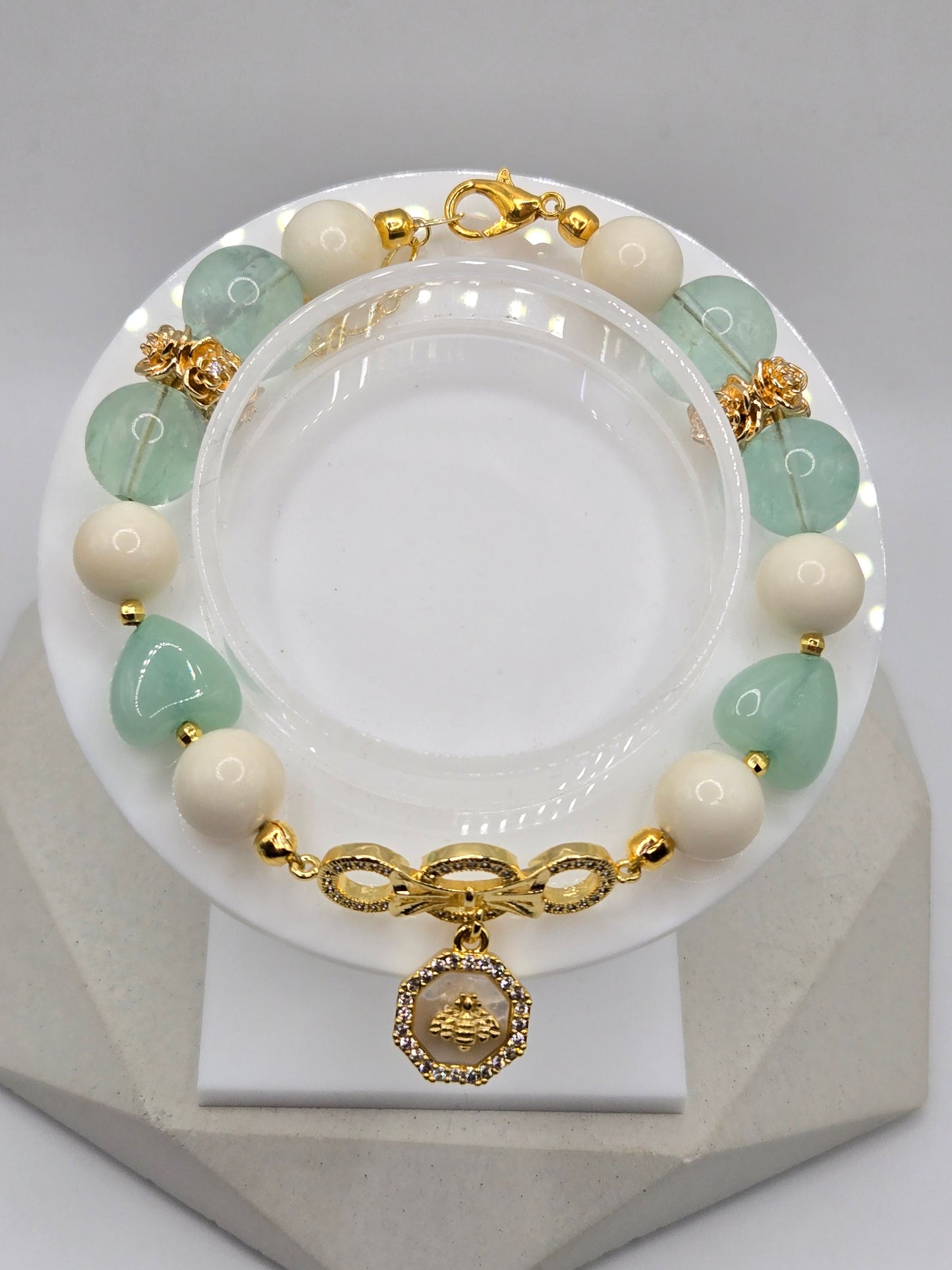 Pale Green Flourite, Green Jade and Ivory Ox Bone bracelet
