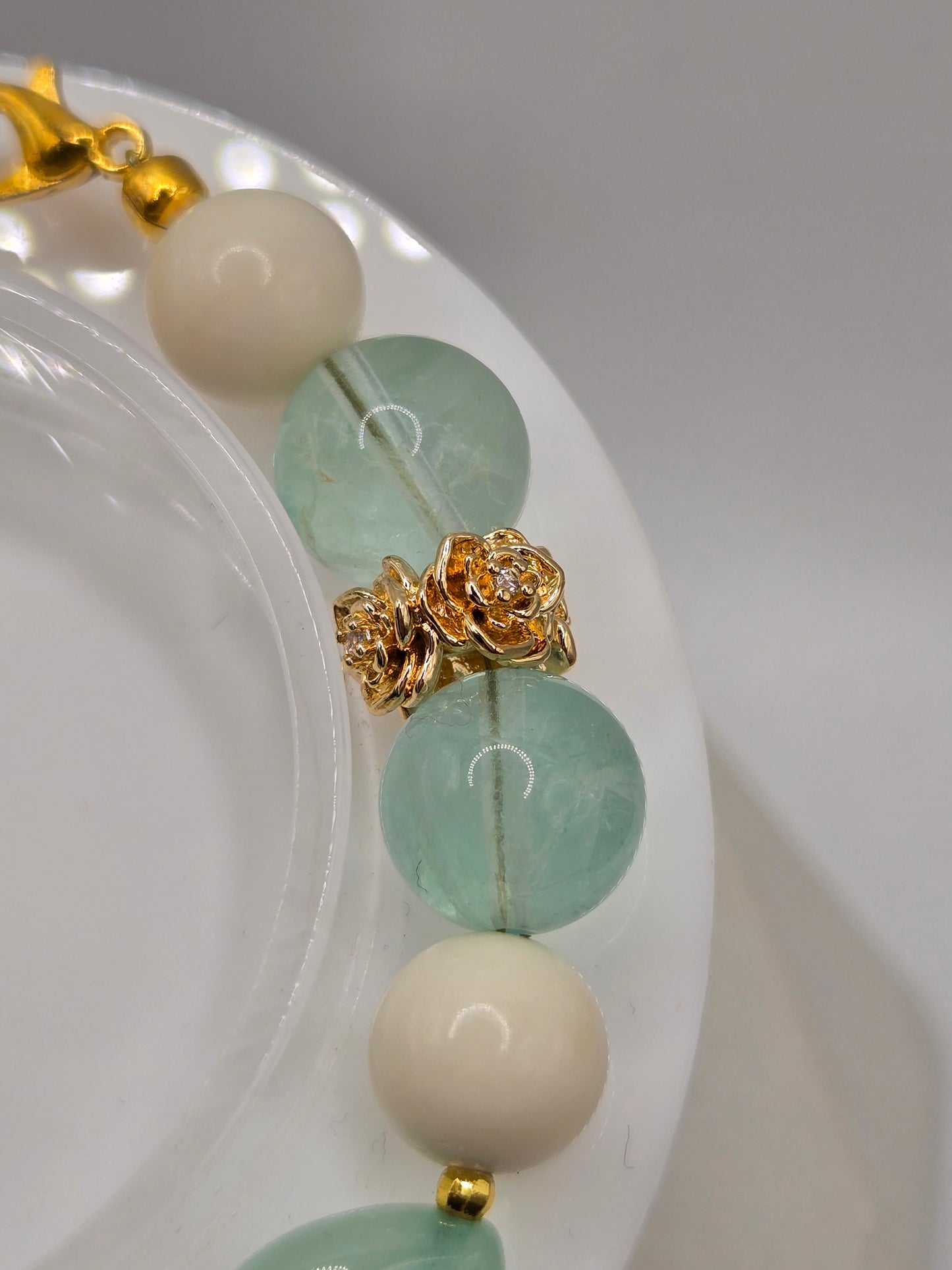 Pale Green Flourite, Green Jade and Ivory Ox Bone bracelet