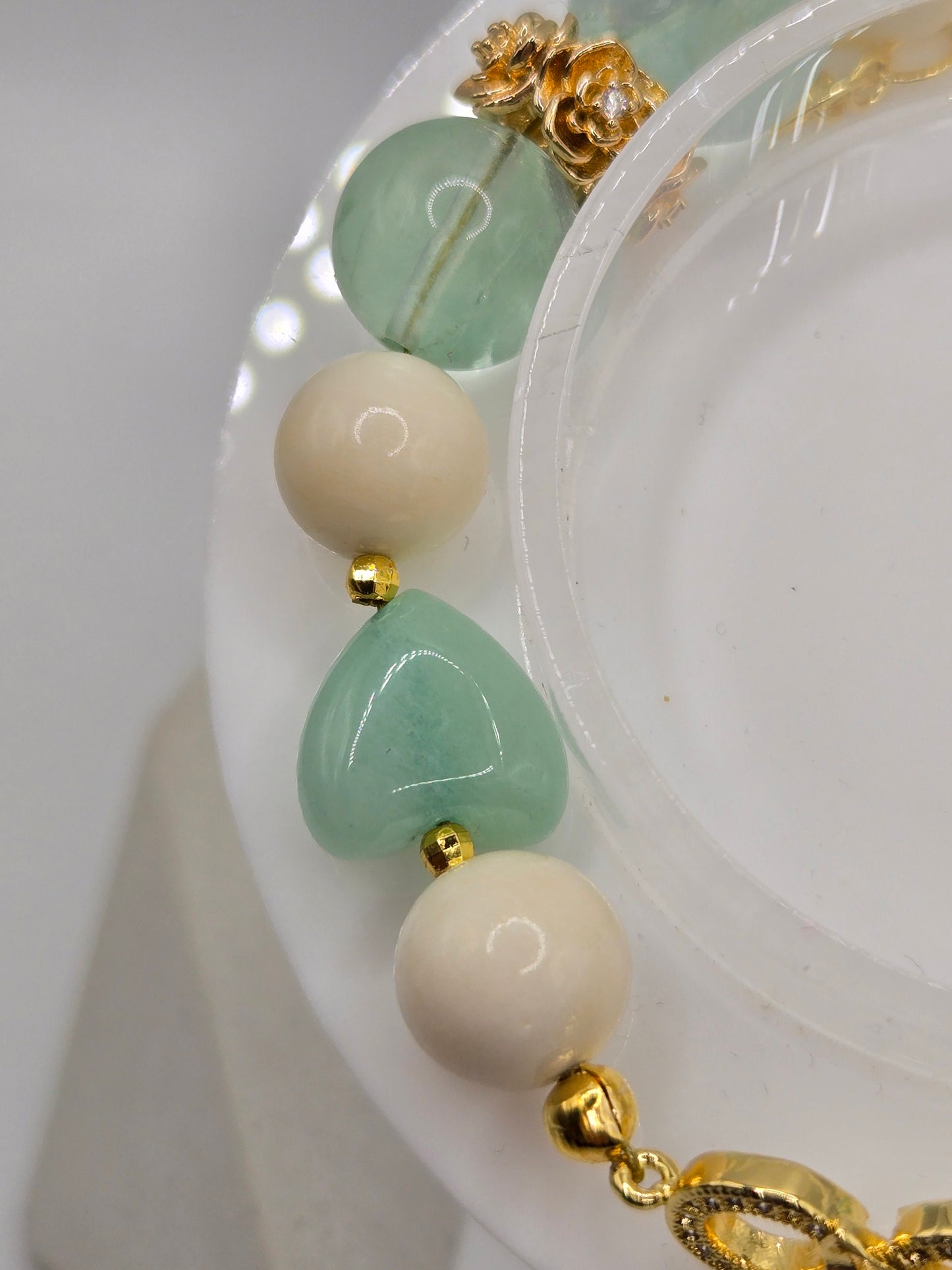 Pale Green Flourite, Green Jade and Ivory Ox Bone bracelet