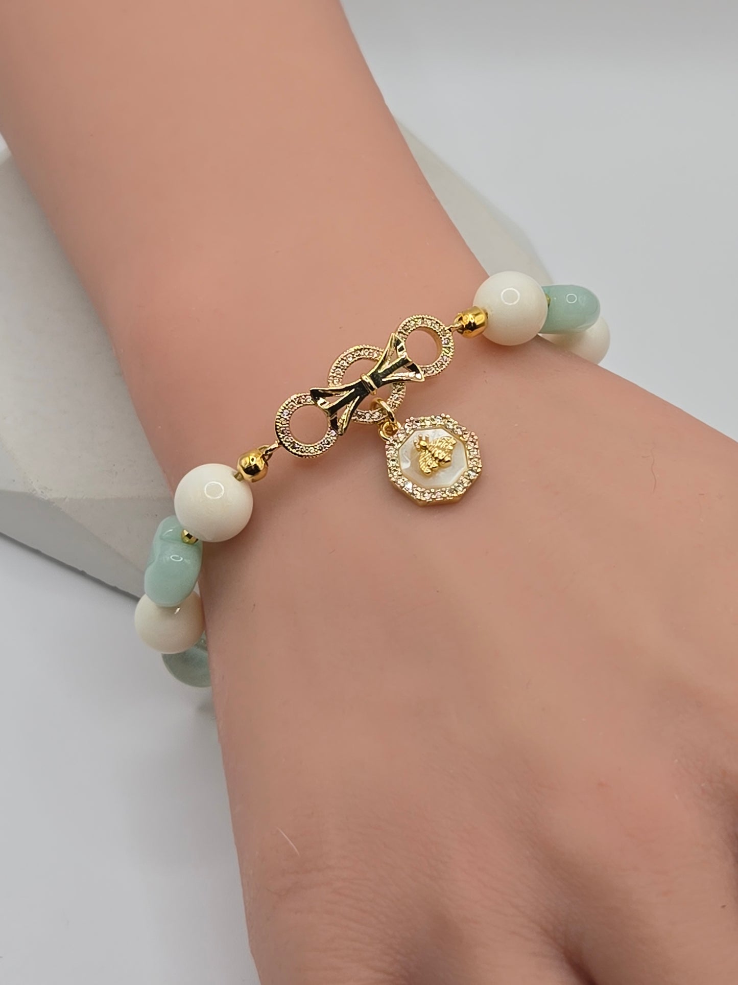 Pale Green Flourite, Green Jade and Ivory Ox Bone bracelet
