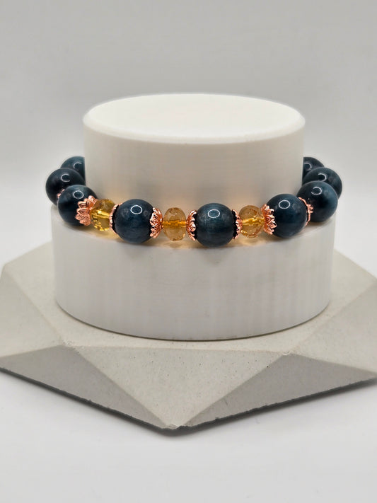 Cateye Teal Blue Apatite and Citrine Bracelet