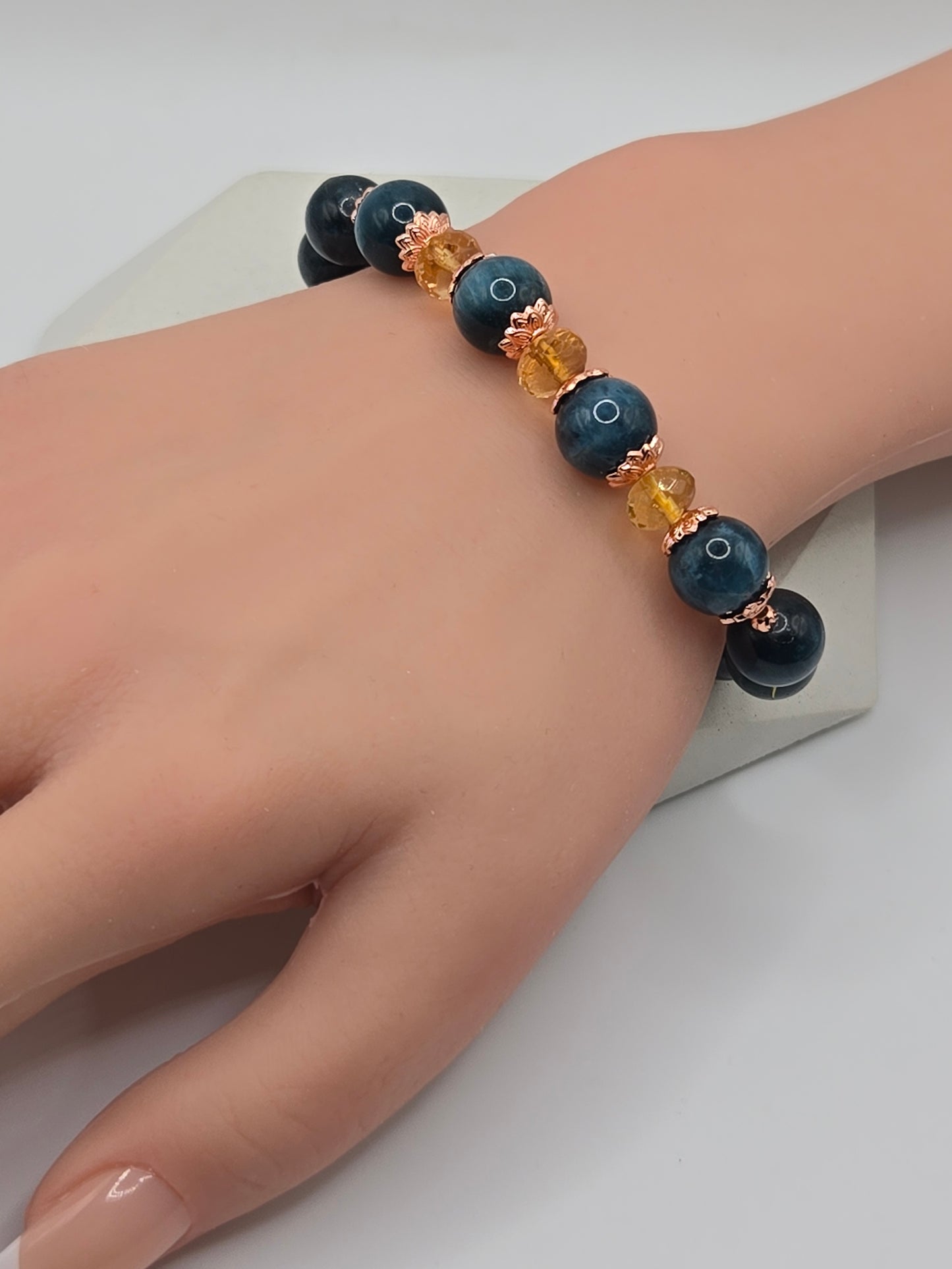 Cateye Teal Blue Apatite and Citrine Bracelet