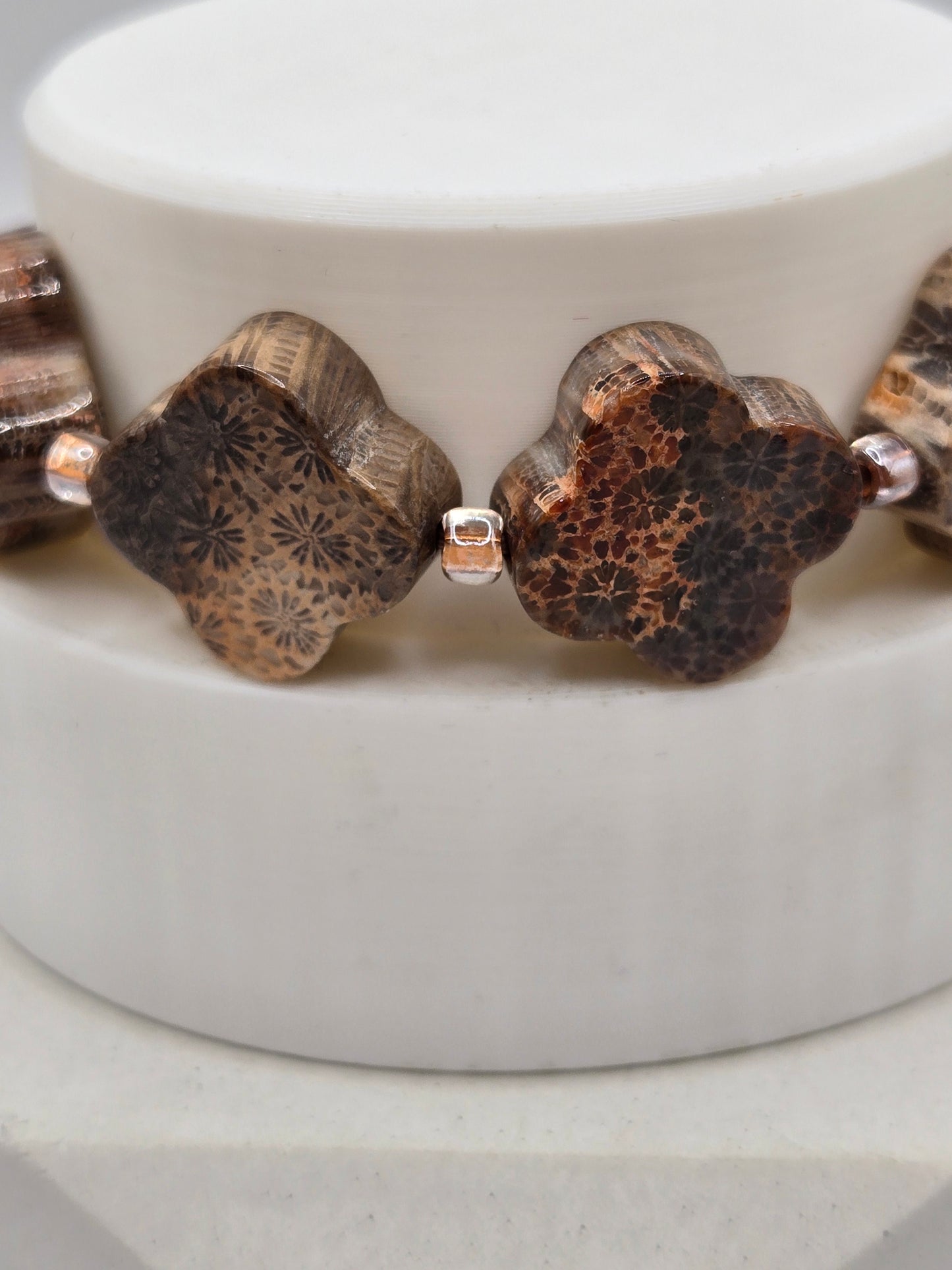Coral Jade Clover and Ocean Jasper Bracelet