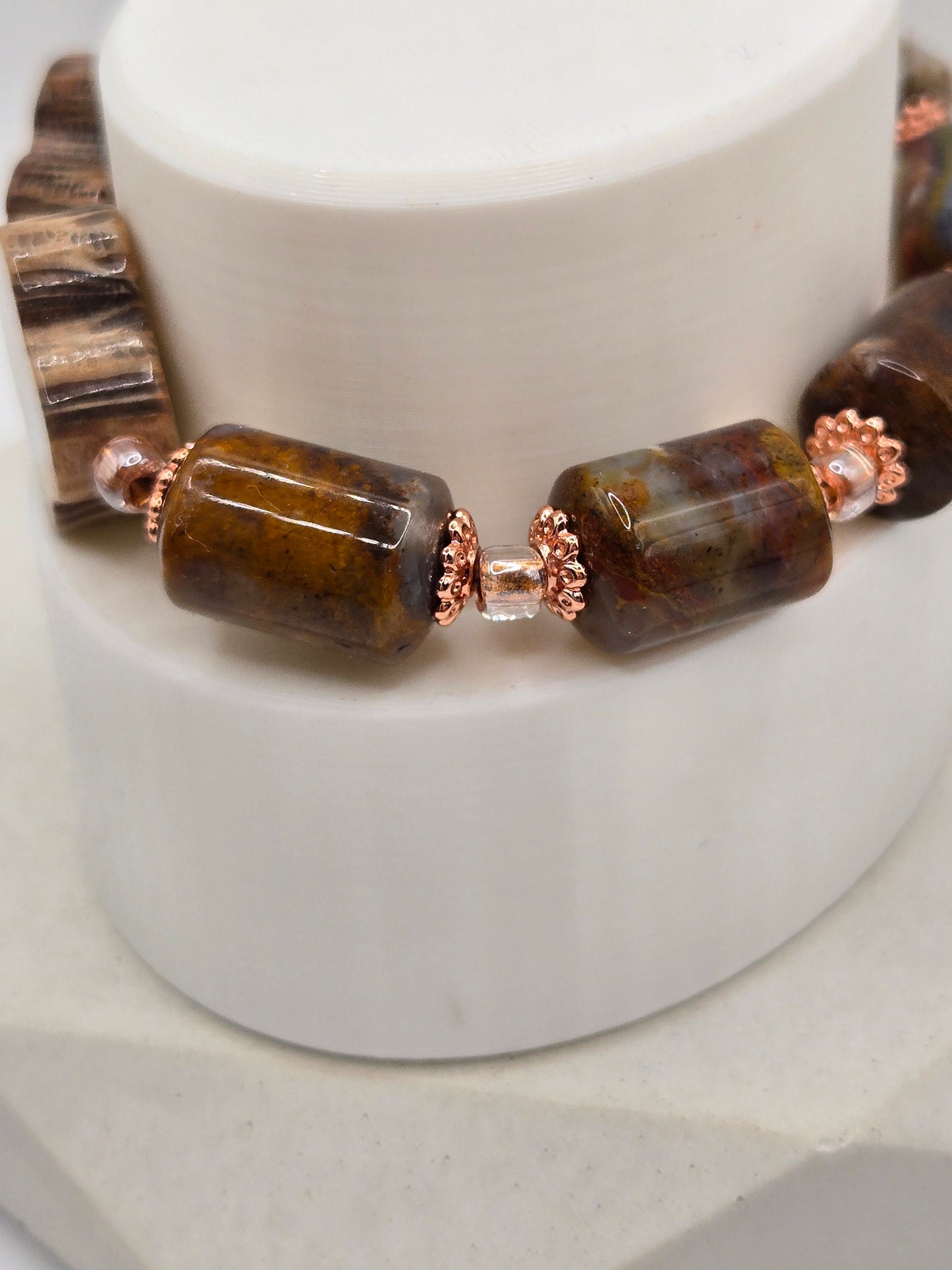 Coral Jade Clover and Ocean Jasper Bracelet