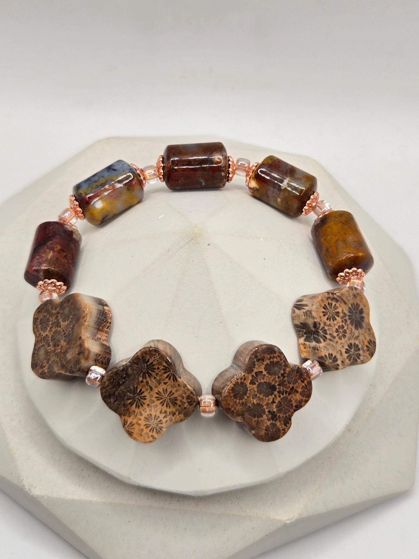 Coral Jade Clover and Ocean Jasper Bracelet