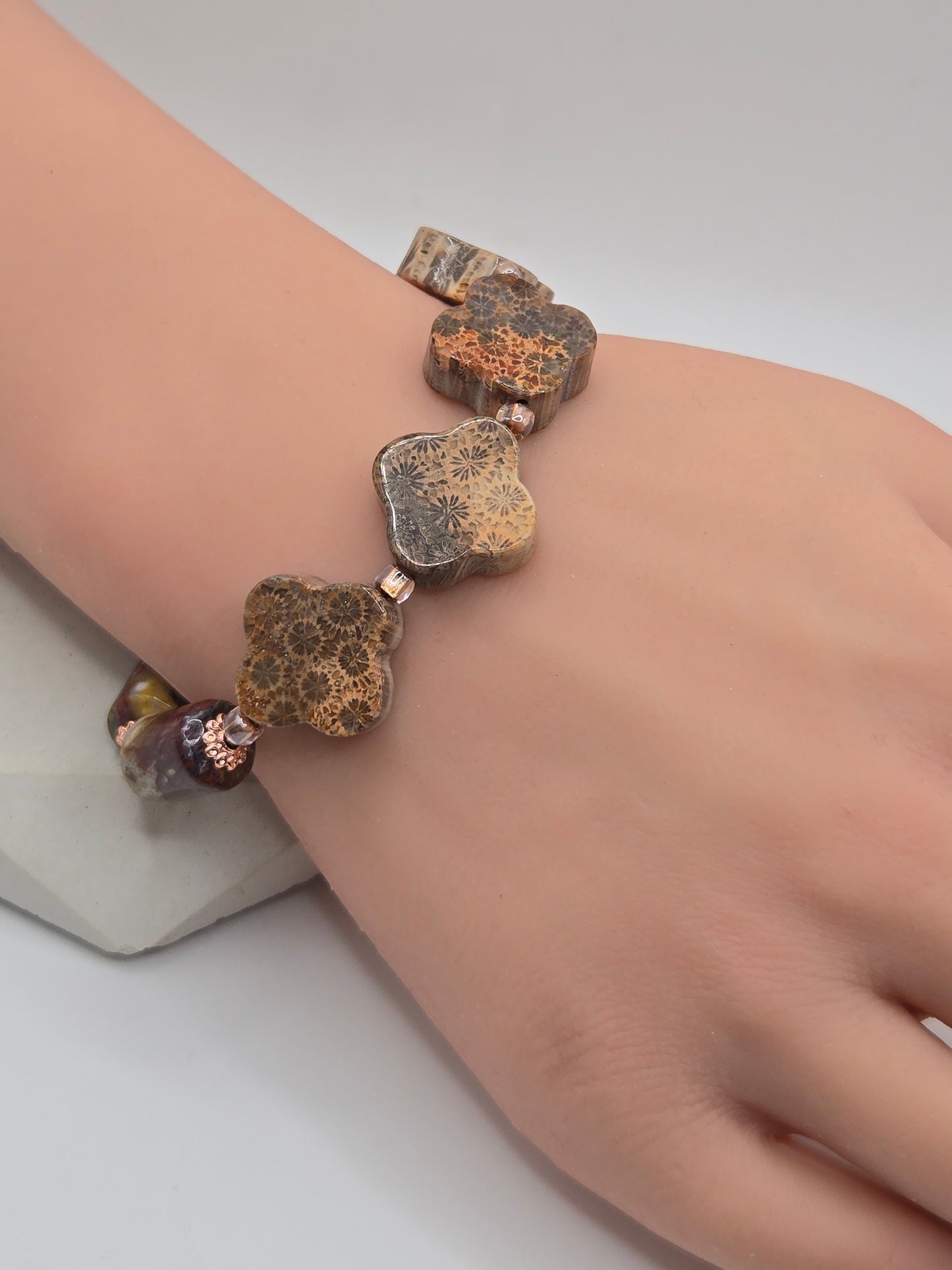 Coral Jade Clover and Ocean Jasper Bracelet