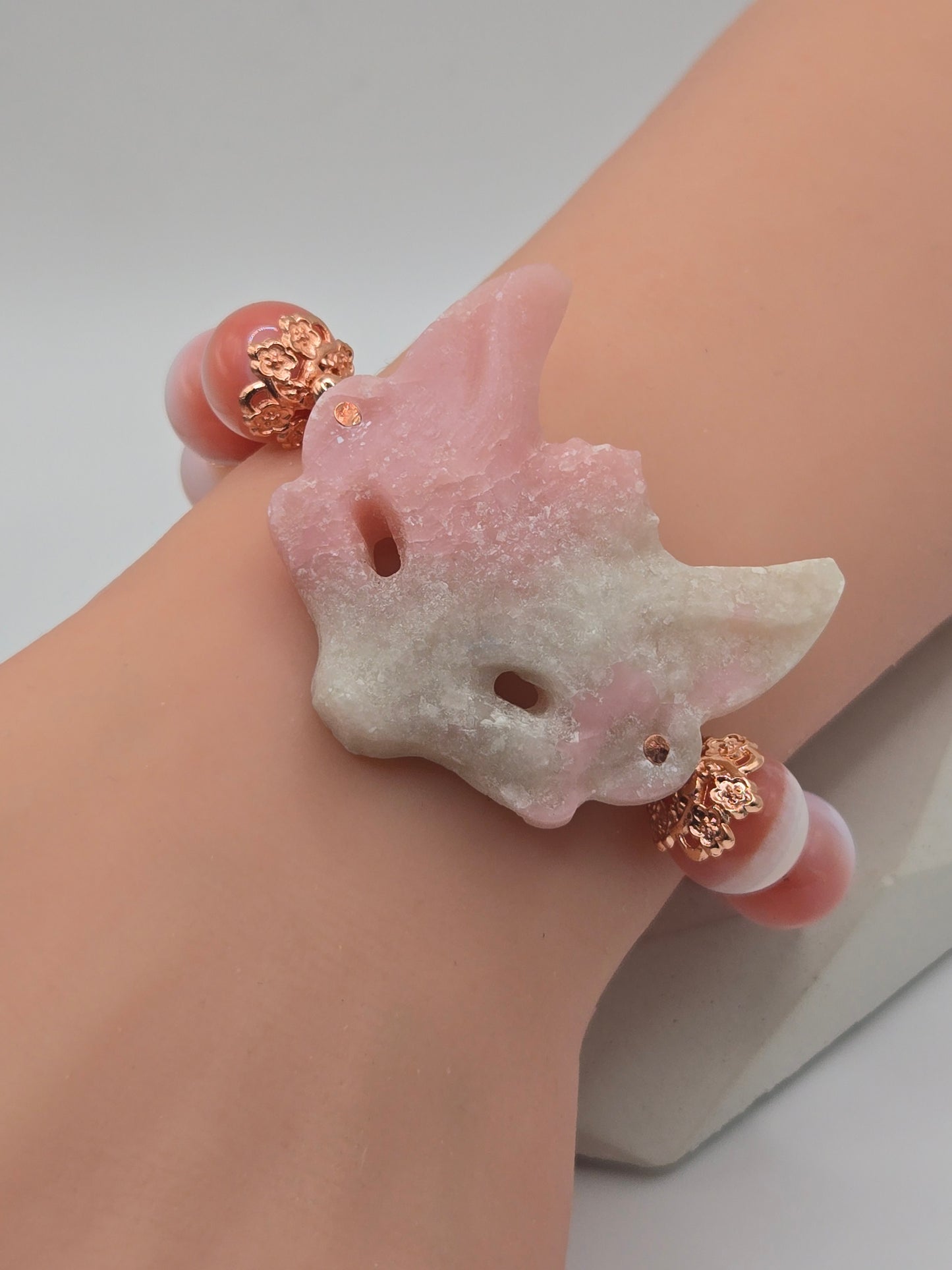 Blush Pink Agate and Pink Opal Fox Bracelet