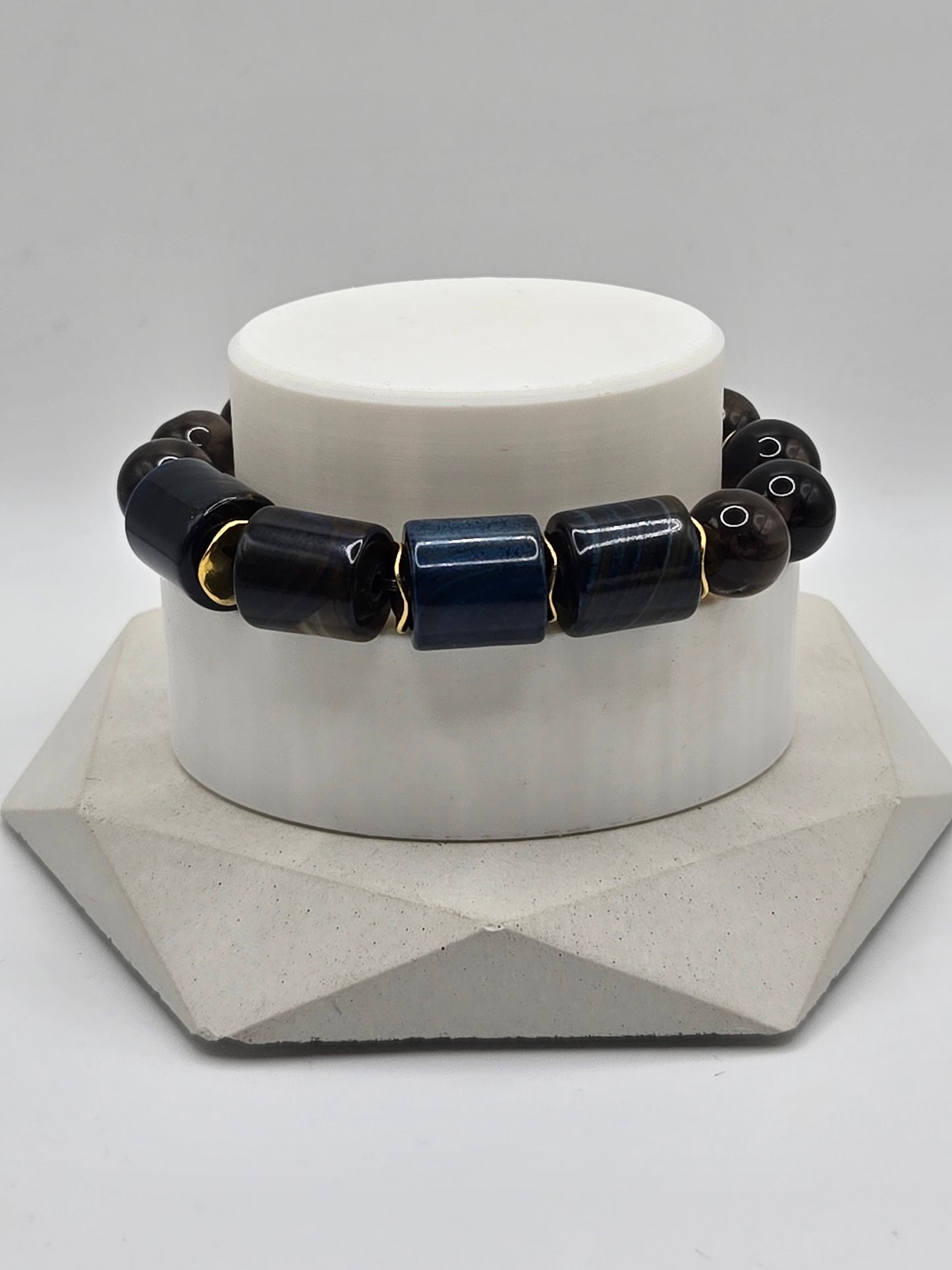 Blue Barrel Agate and Smokey Brown Meteorite Bracelet